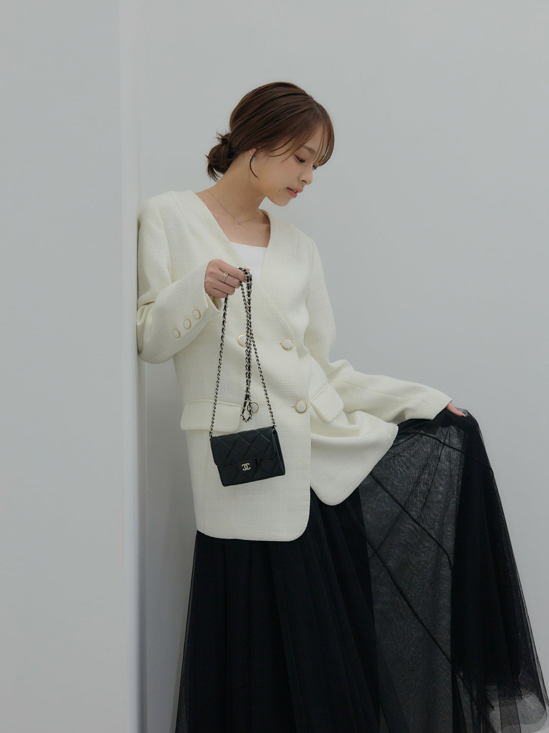 【Essential】ノーカラーツイードジャケット