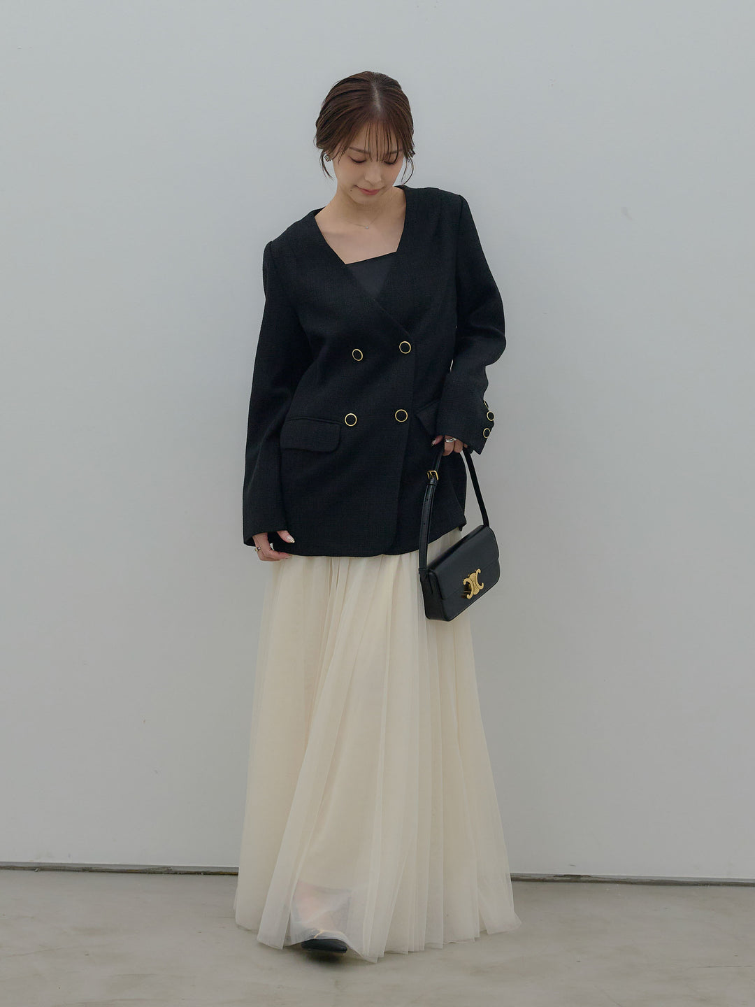 【SET】【Essential】ノーカラーツイードジャケット+ボリュームチュールスカート(2set)