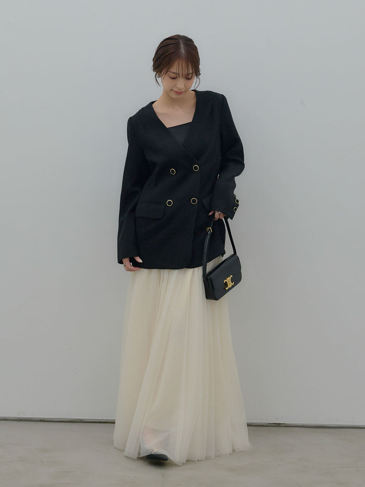 【SET】【Essential】ノーカラーツイードジャケット+ボリュームチュールスカート(2set)
