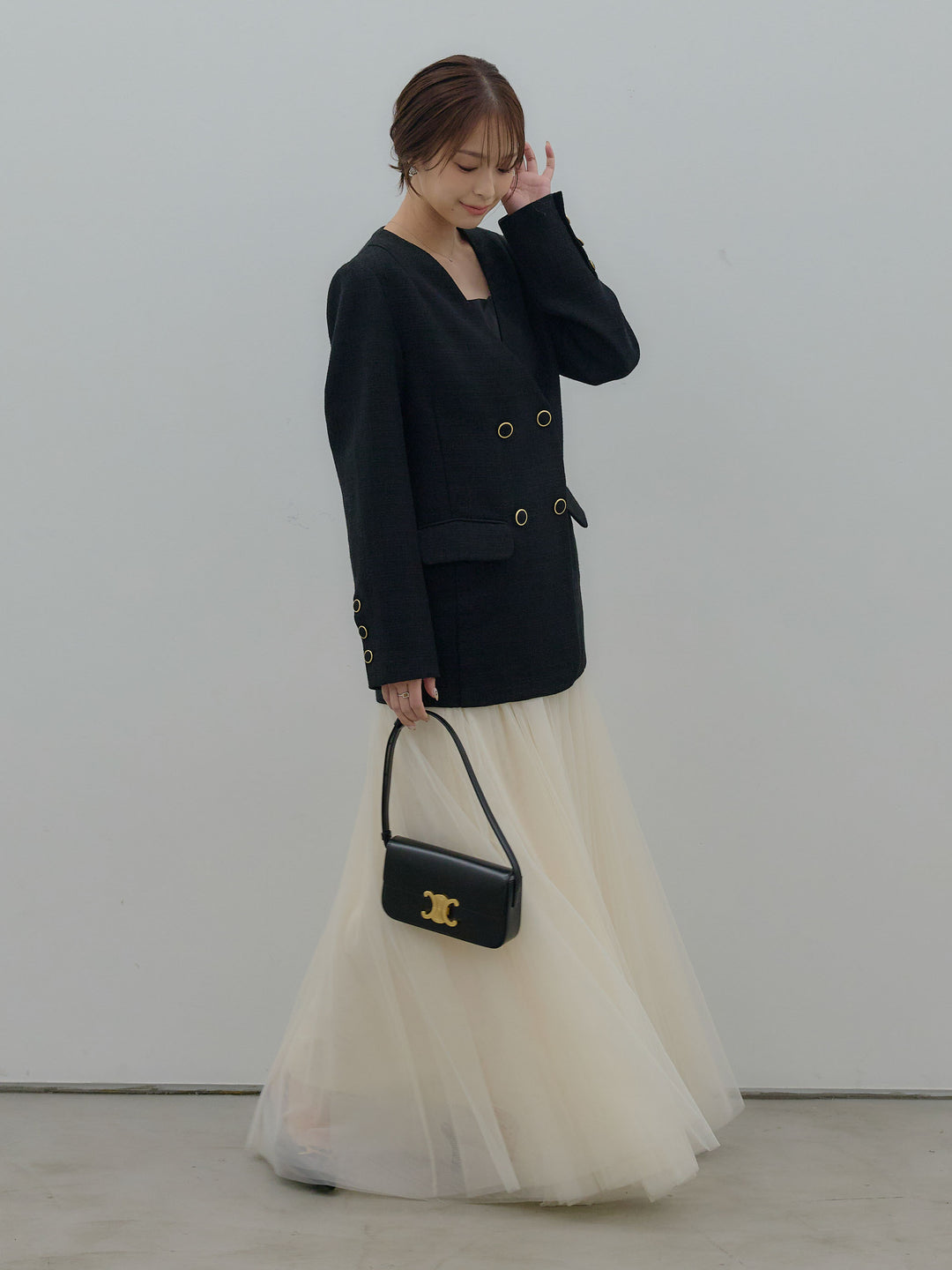 【Essential】ノーカラーツイードジャケット