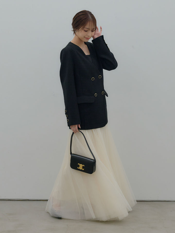 【SET】【Essential】ノーカラーツイードジャケット+ボリュームチュールスカート(2set)