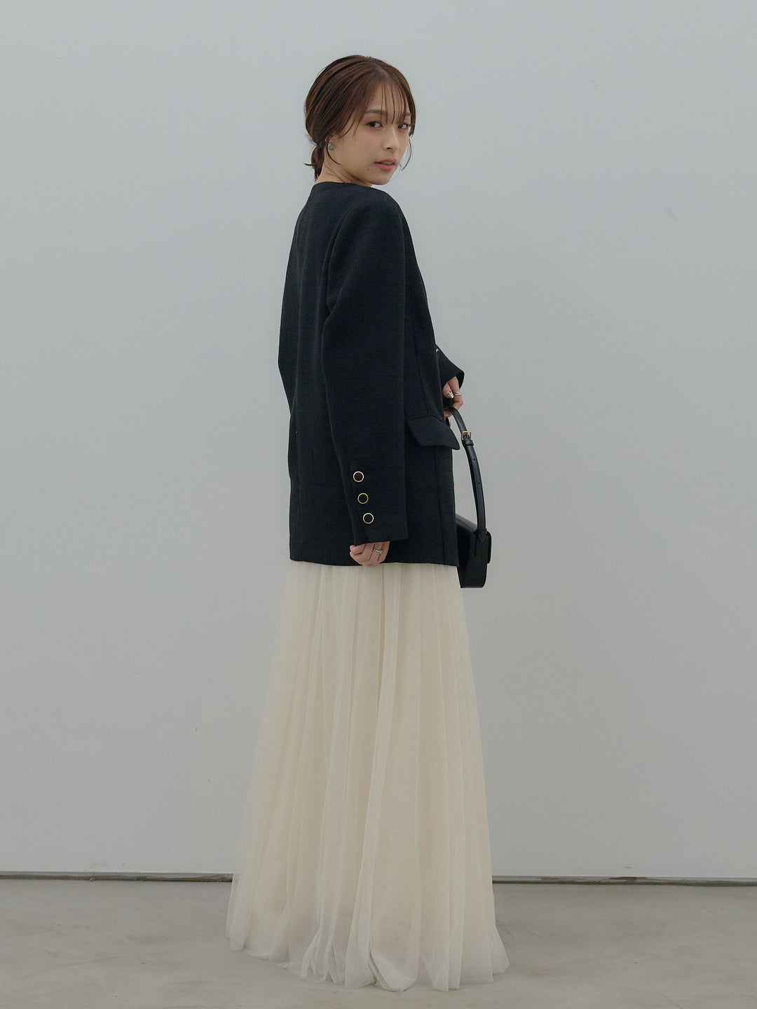 【Essential】ノーカラーツイードジャケット