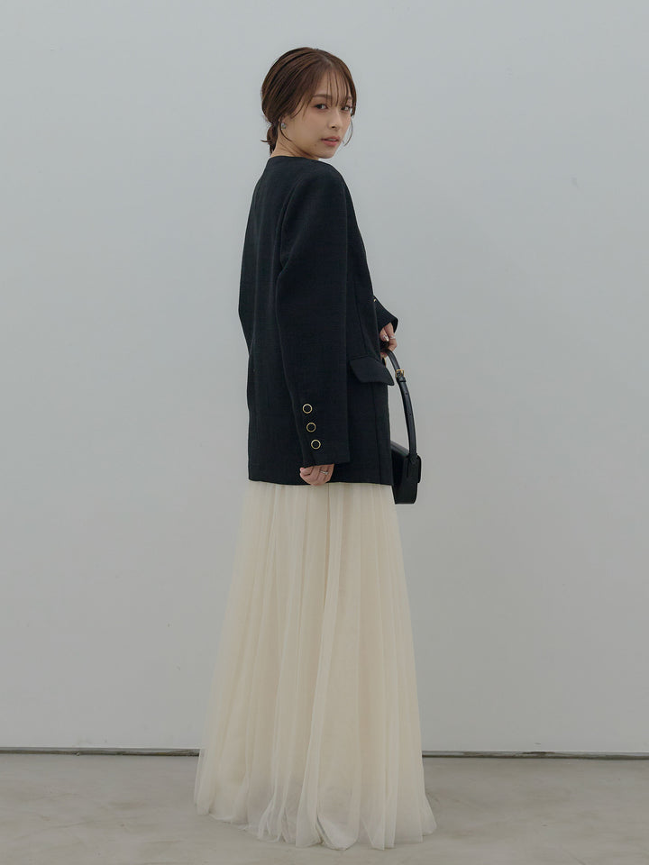 【SET】【Essential】ノーカラーツイードジャケット+ボリュームチュールスカート(2set)