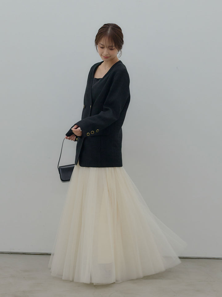 【SET】【Essential】ノーカラーツイードジャケット+ボリュームチュールスカート(2set)