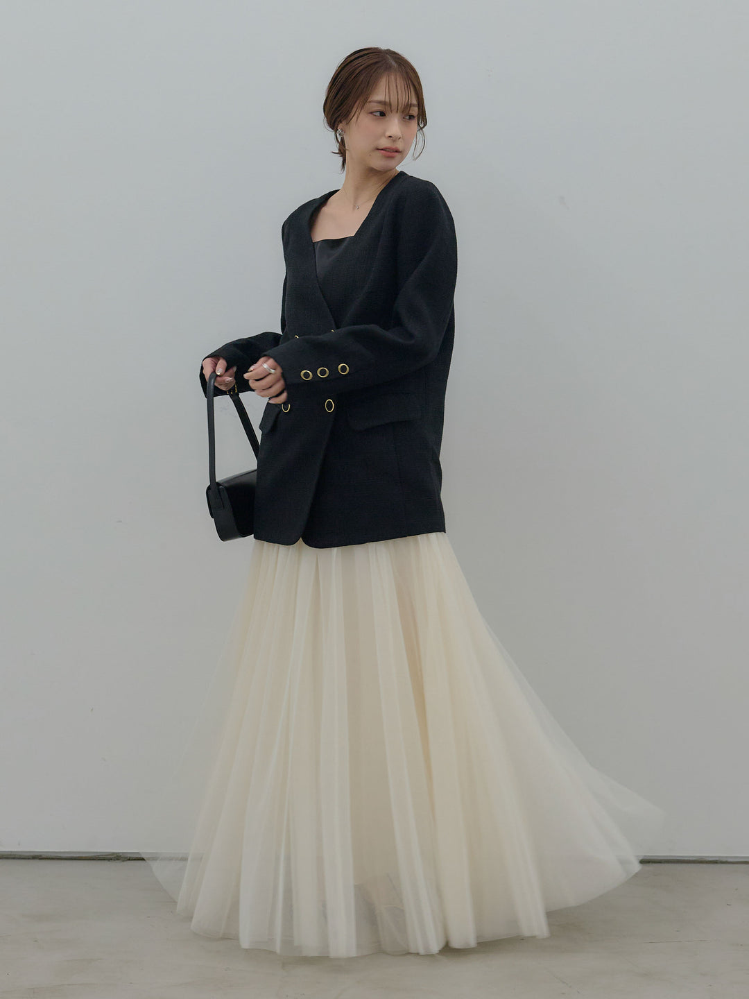 【Essential】ノーカラーツイードジャケット