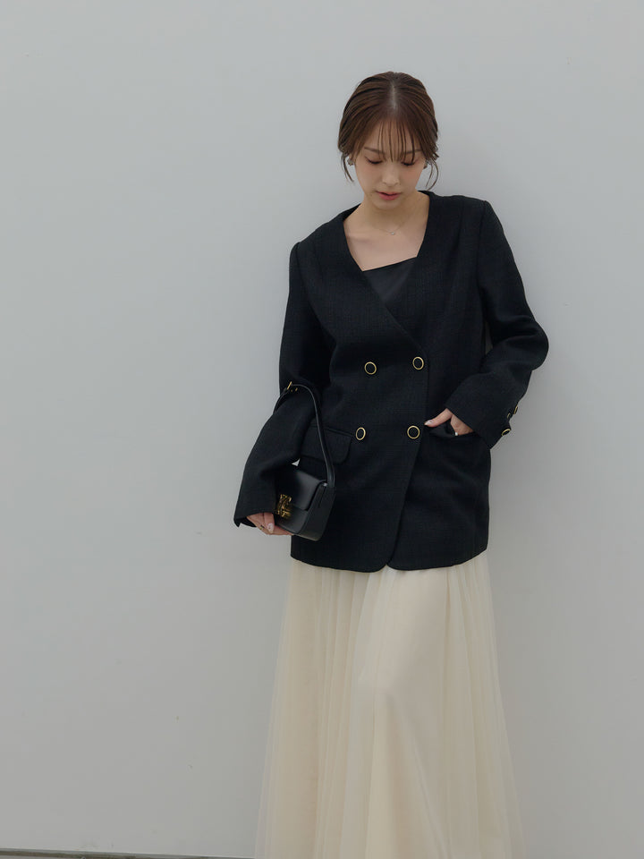 【SET】【Essential】ノーカラーツイードジャケット+ボリュームチュールスカート(2set)