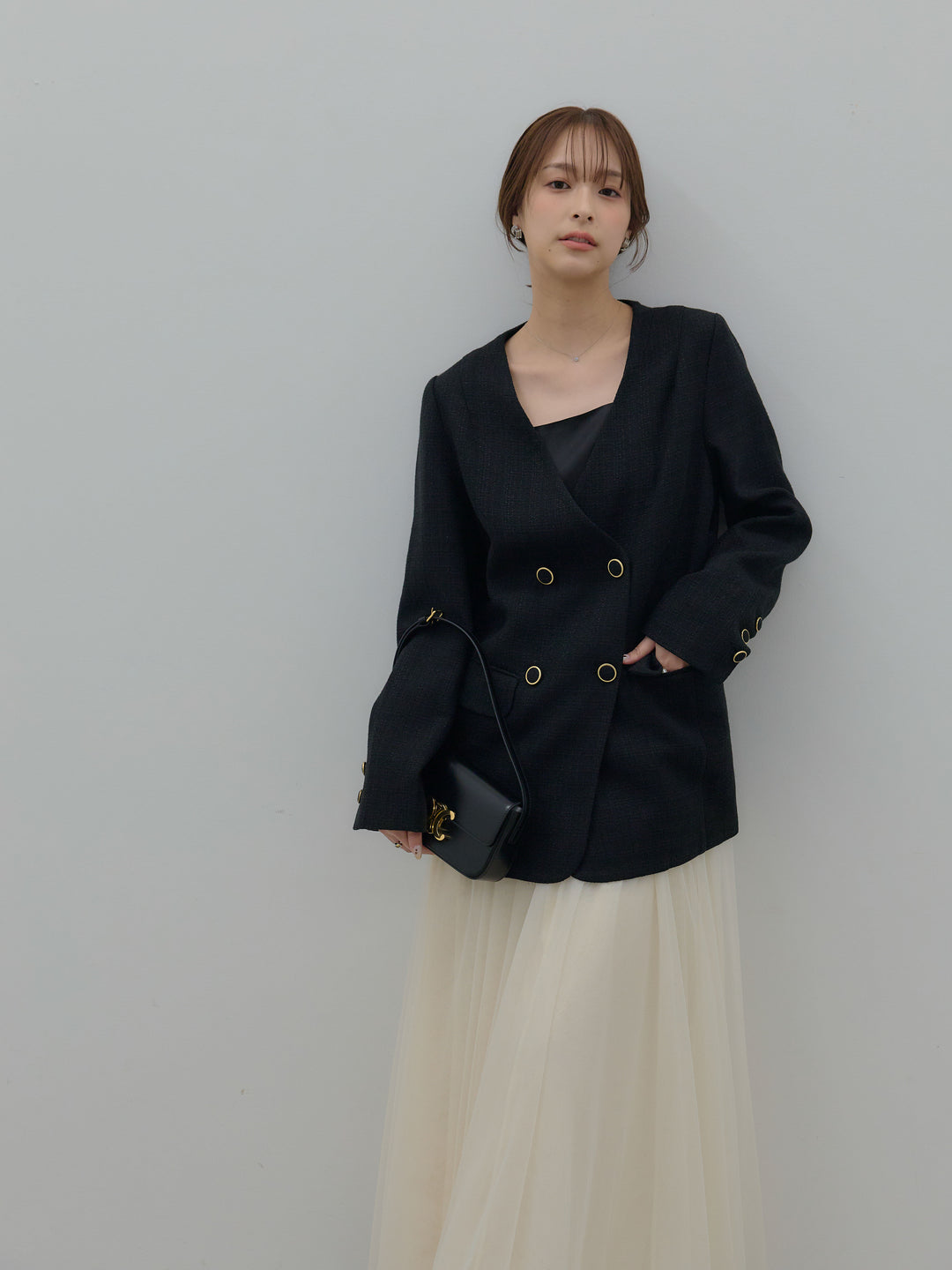 【SET】【Essential】ノーカラーツイードジャケット+ボリュームチュールスカート(2set)