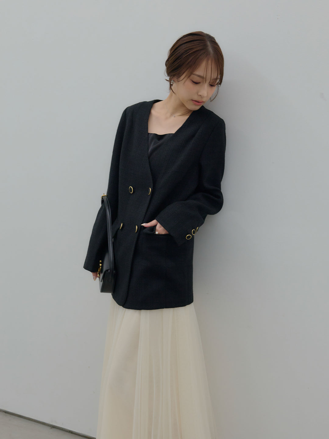 【SET】【Essential】ノーカラーツイードジャケット+ボリュームチュールスカート(2set)