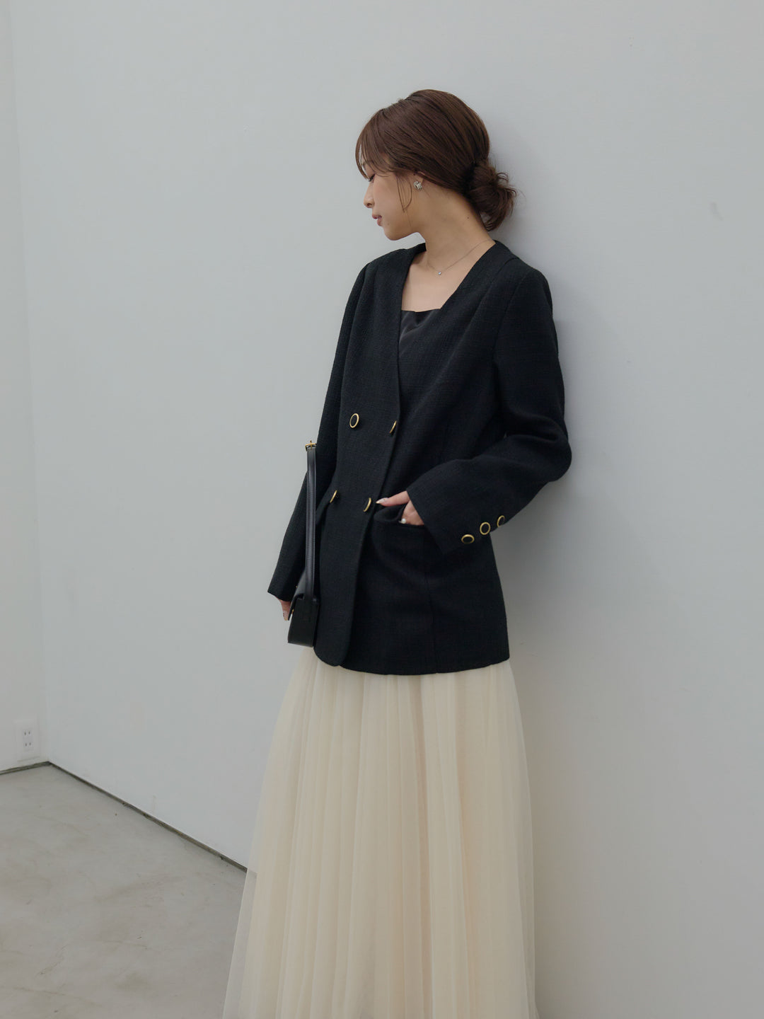 【Essential】ノーカラーツイードジャケット