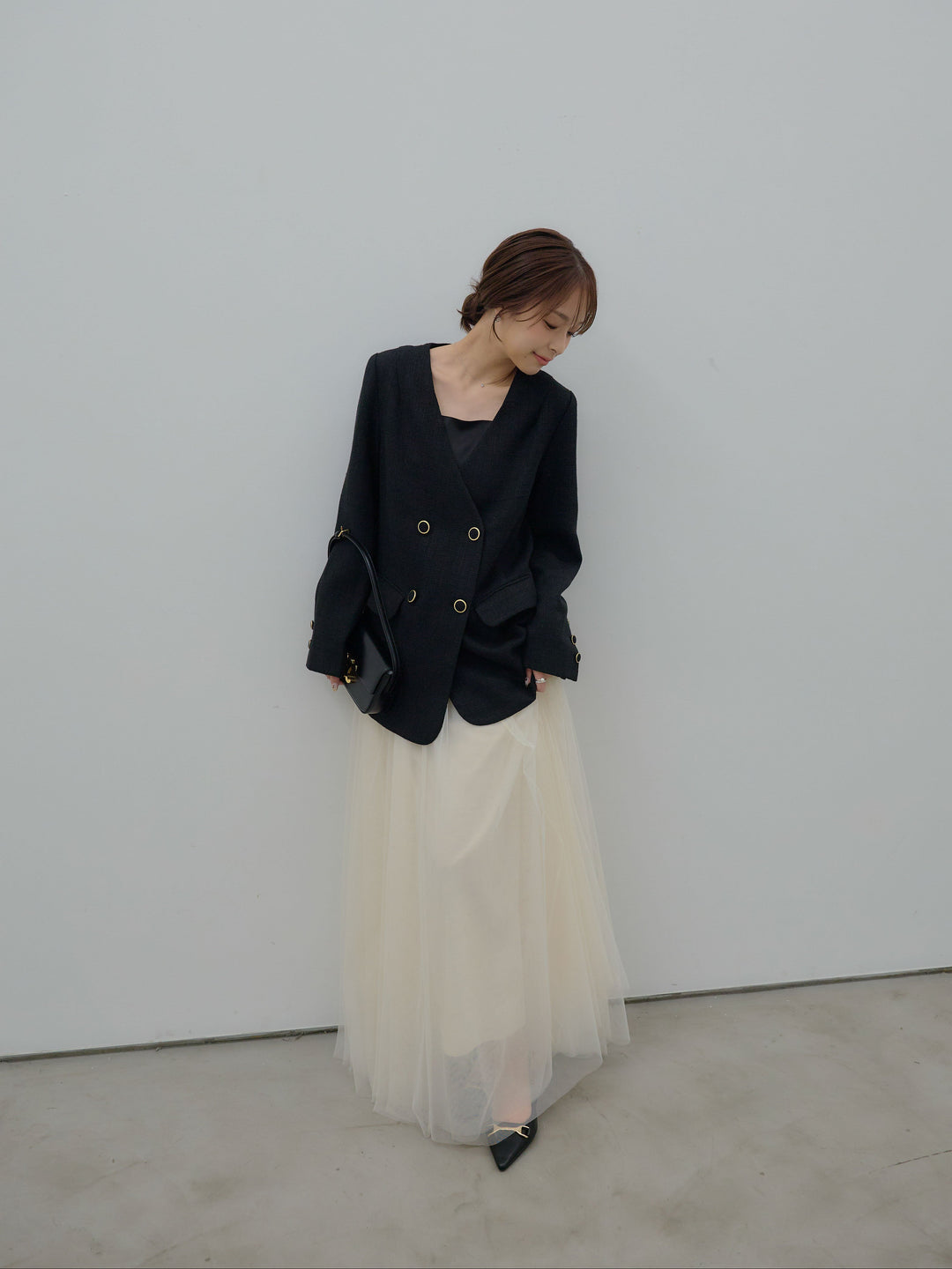 【SET】【Essential】ノーカラーツイードジャケット+ボリュームチュールスカート(2set)