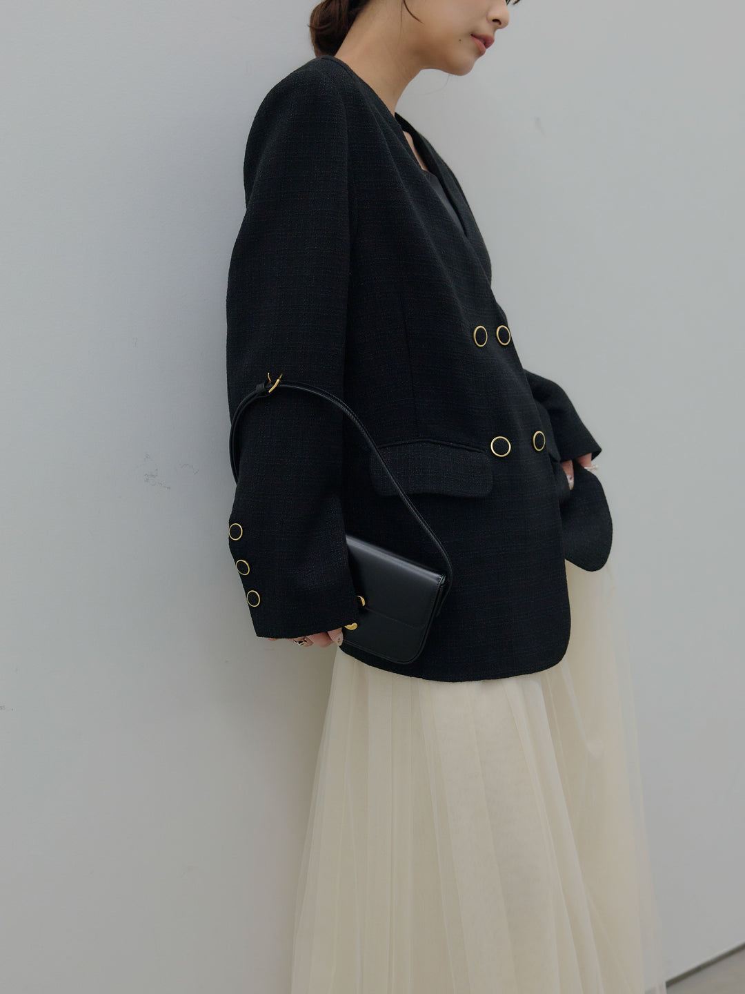 【SET】【Essential】ノーカラーツイードジャケット+ボリュームチュールスカート(2set)