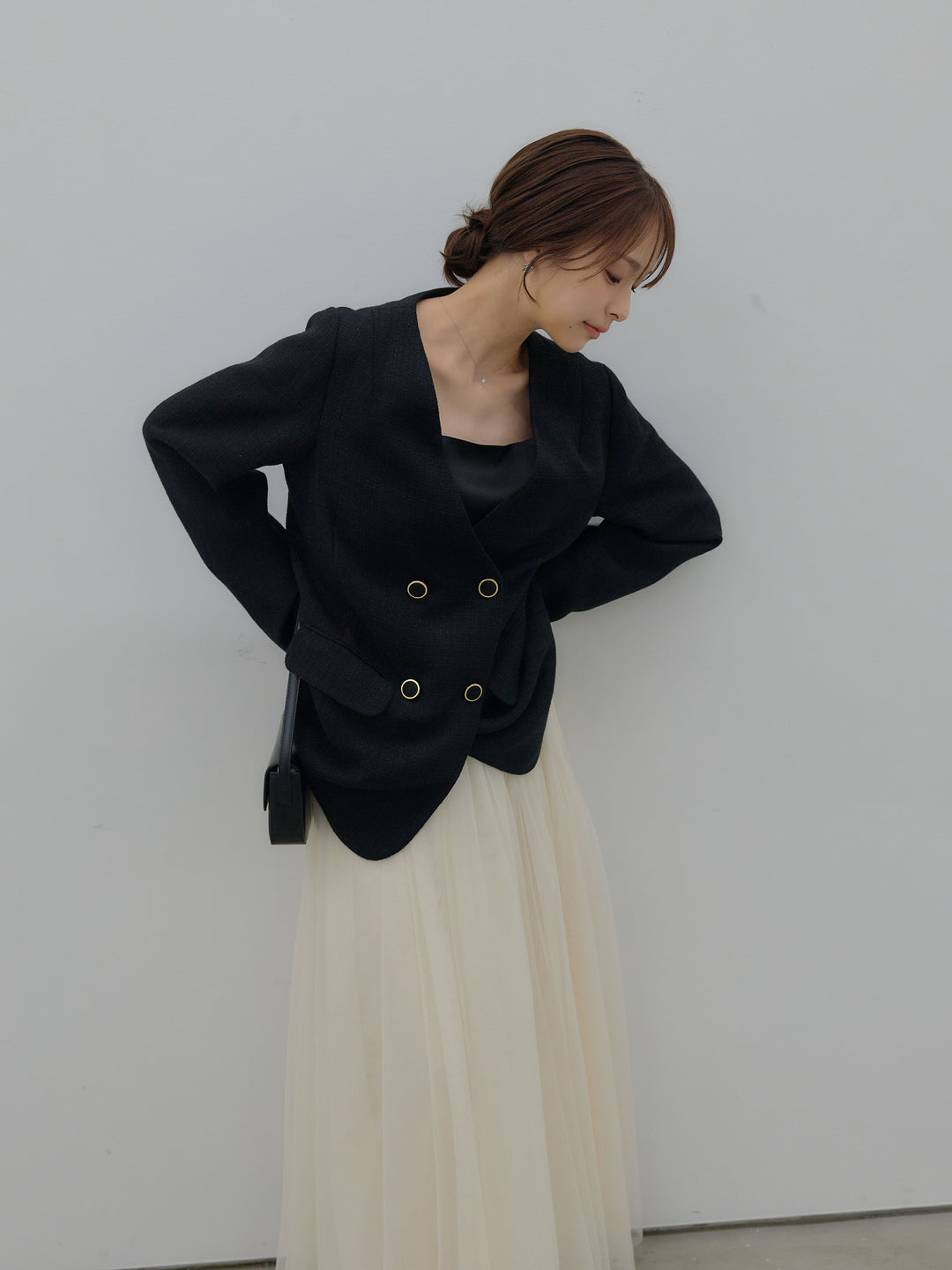 【Essential】ノーカラーツイードジャケット