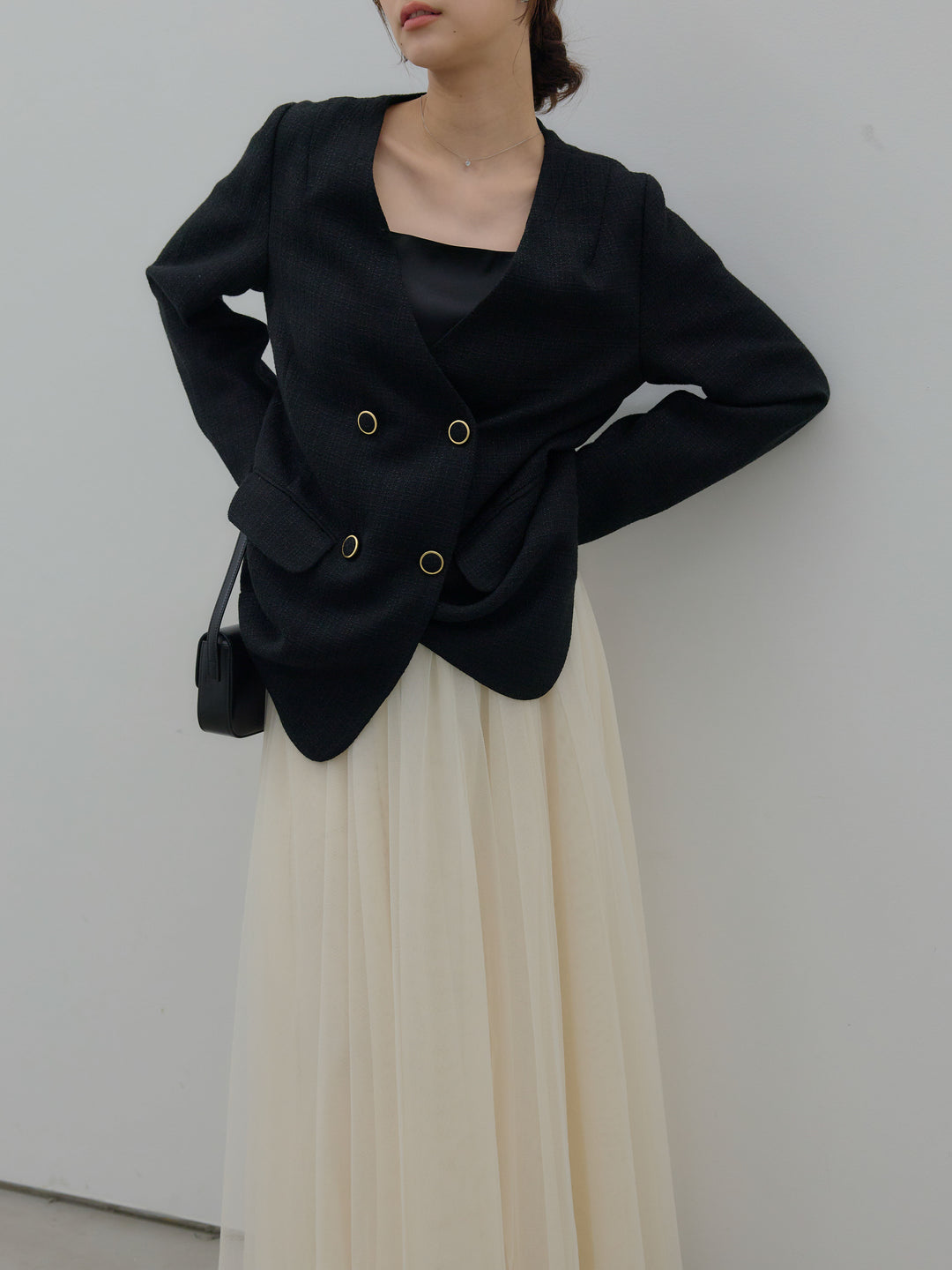 【Essential】ノーカラーツイードジャケット