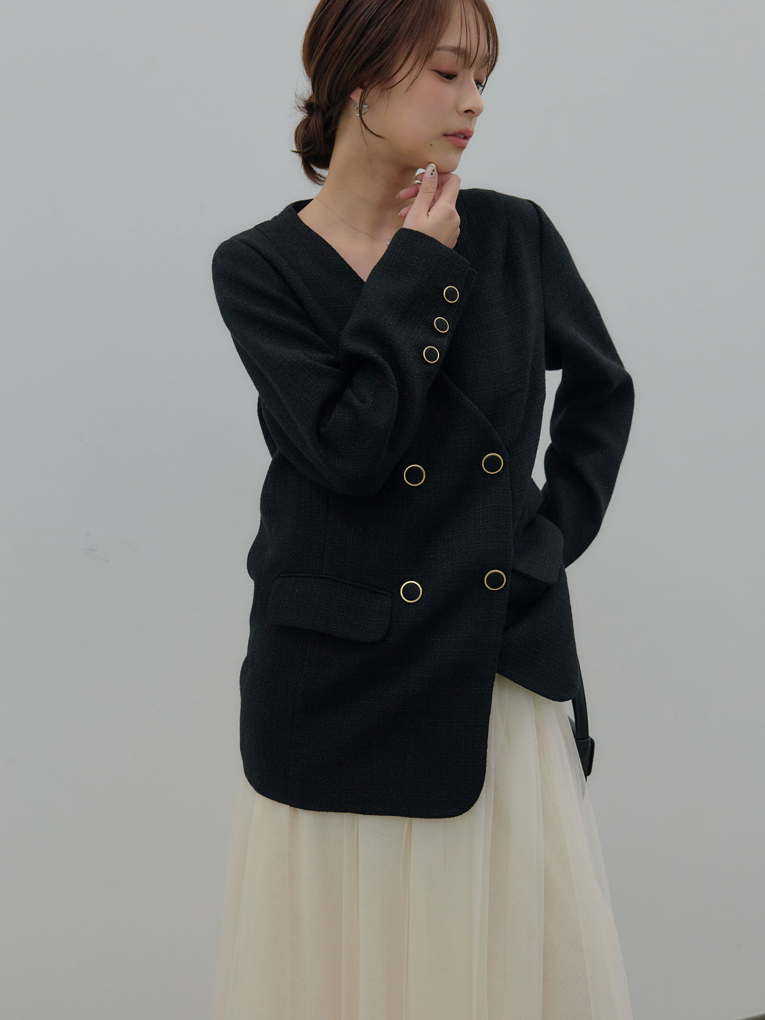 【Essential】ノーカラーツイードジャケット