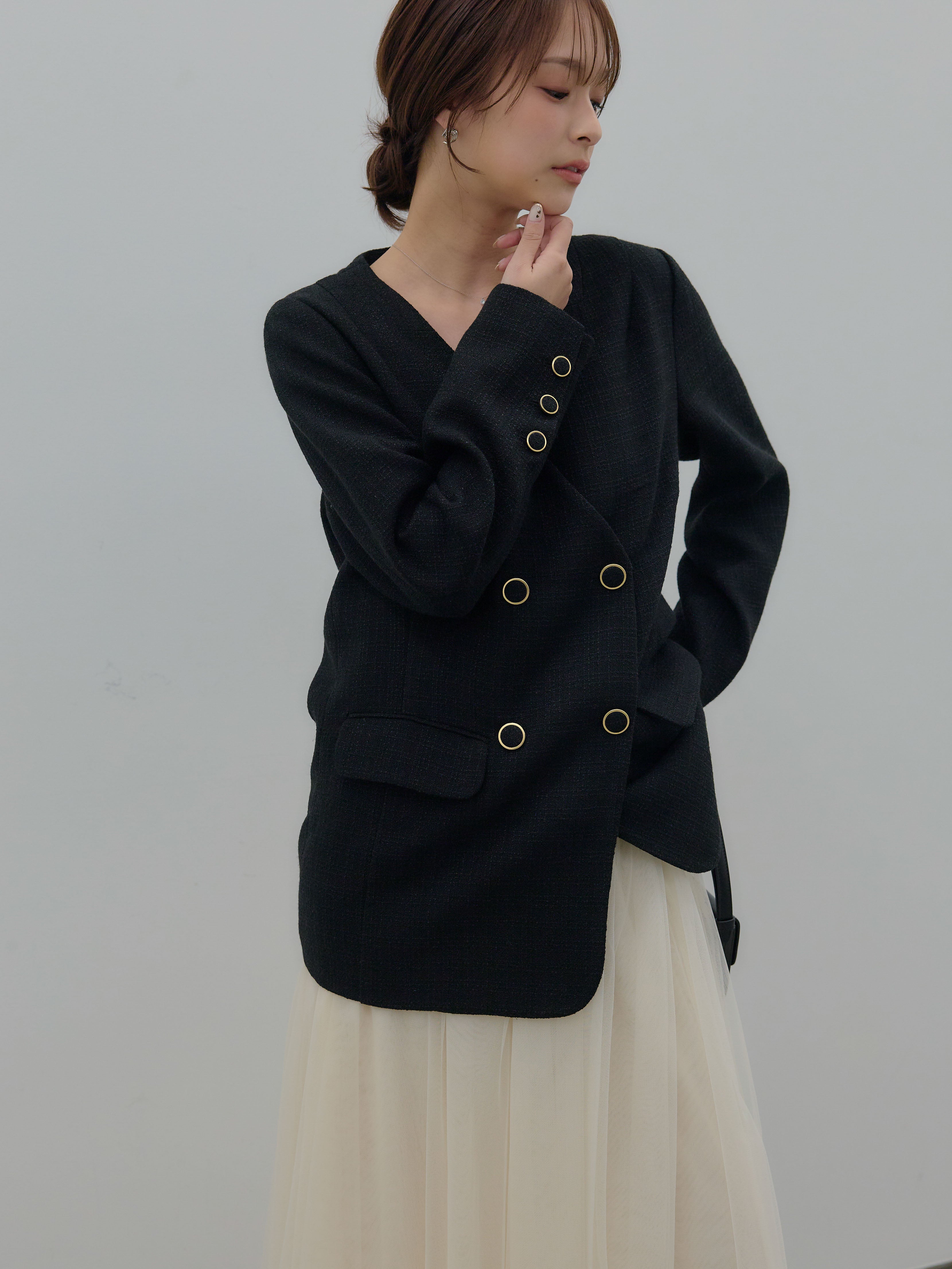 SET】【Essential】ノーカラーツイードジャケット+ボリュームチュール