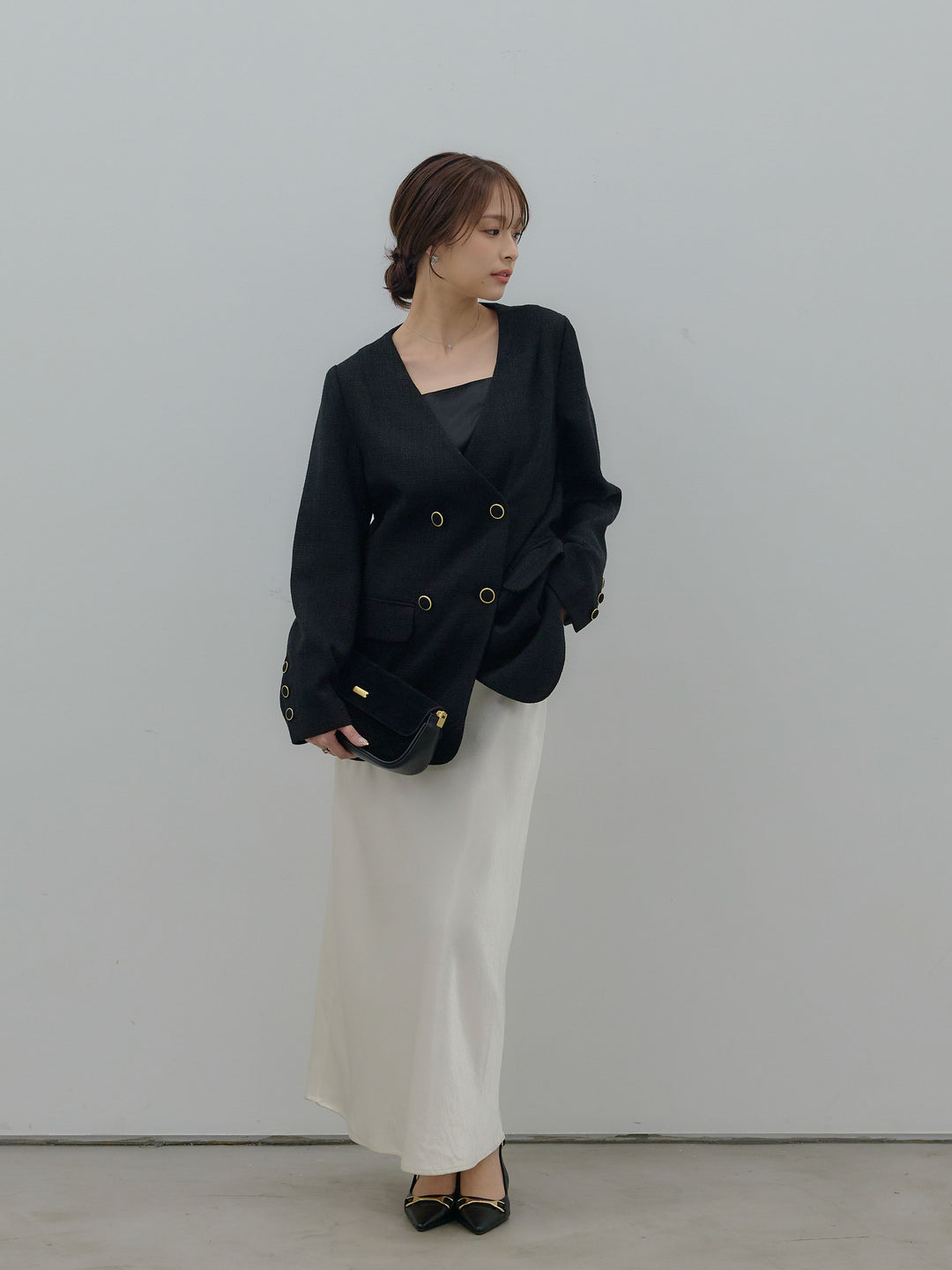 【Essential】ノーカラーツイードジャケット