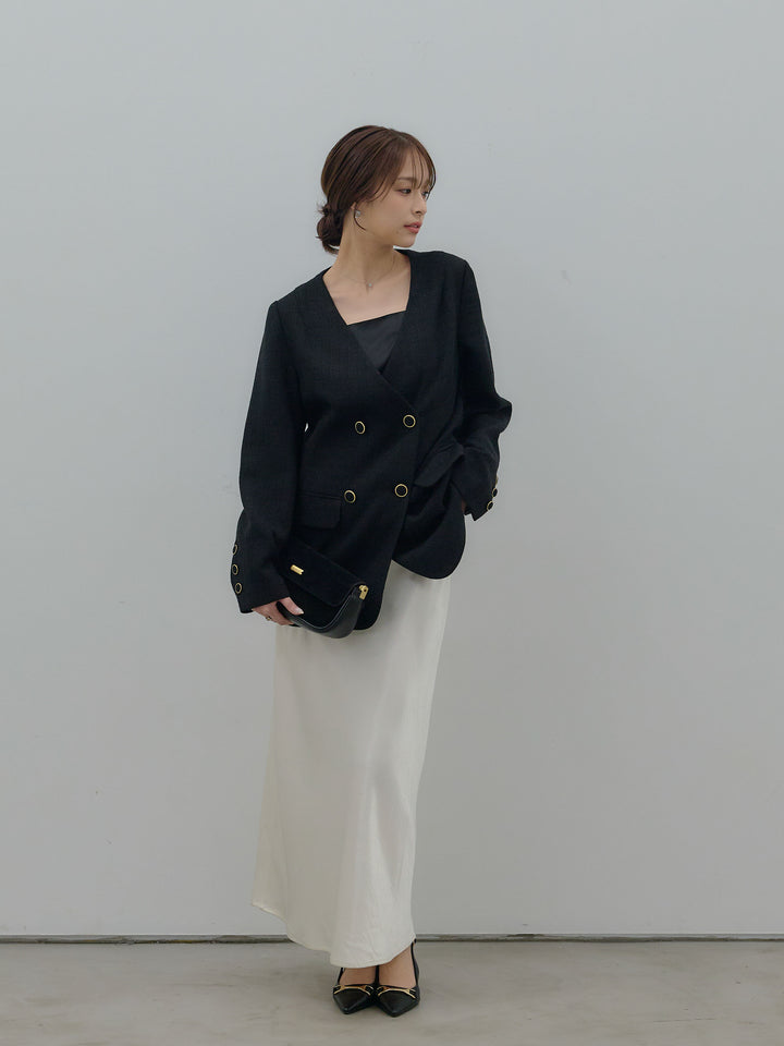 【SET】【Essential】ノーカラーツイードジャケット+リュクスAラインサテンスカート(2set)