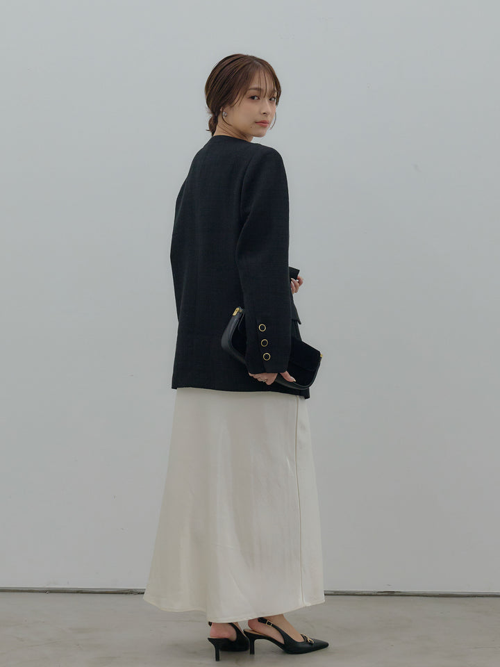 【SET】【Essential】ノーカラーツイードジャケット+リュクスAラインサテンスカート(2set)