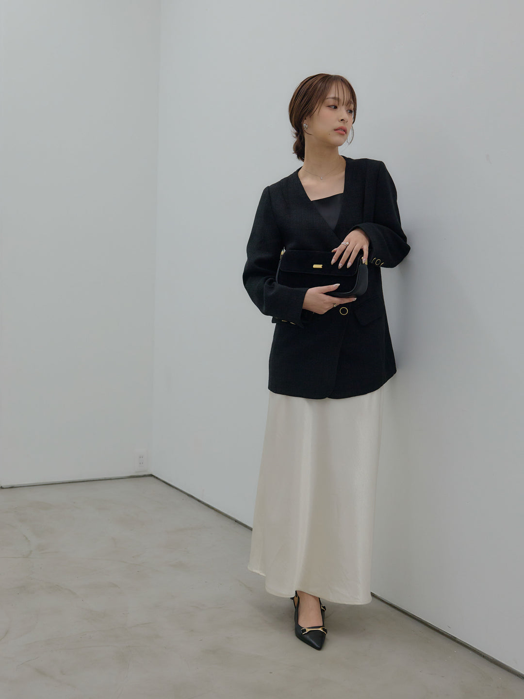 【Essential】ノーカラーツイードジャケット