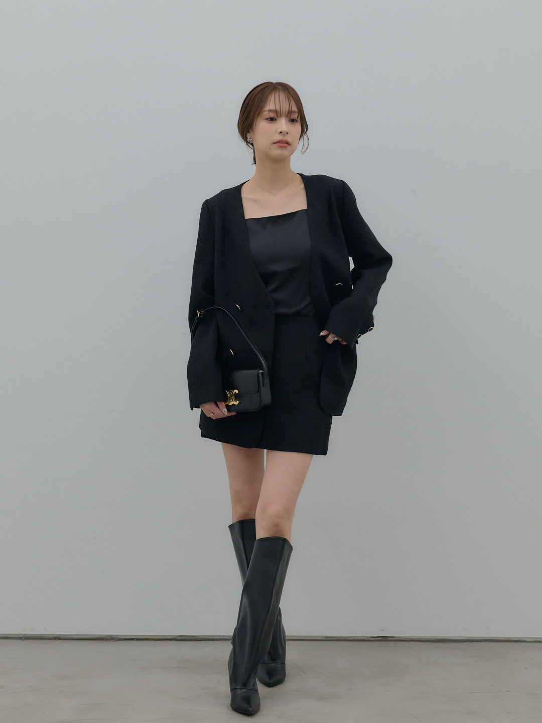 【Essential】ノーカラーツイードジャケット