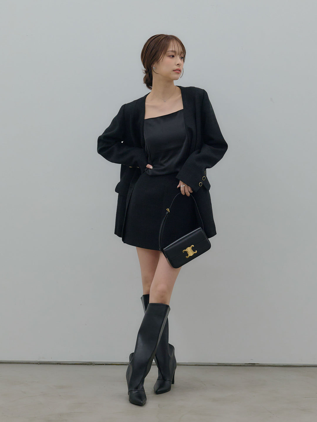 【SET】【Essential】ノーカラーツイードジャケット+【Essential】ツイードミニスカート(2set)