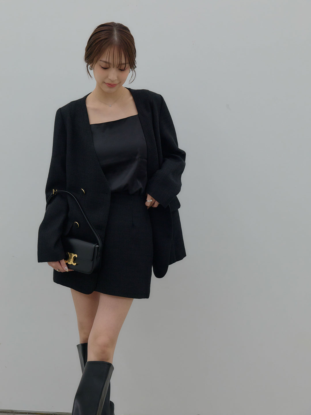 【SET】【Essential】ノーカラーツイードジャケット+【Essential】ツイードミニスカート(2set)