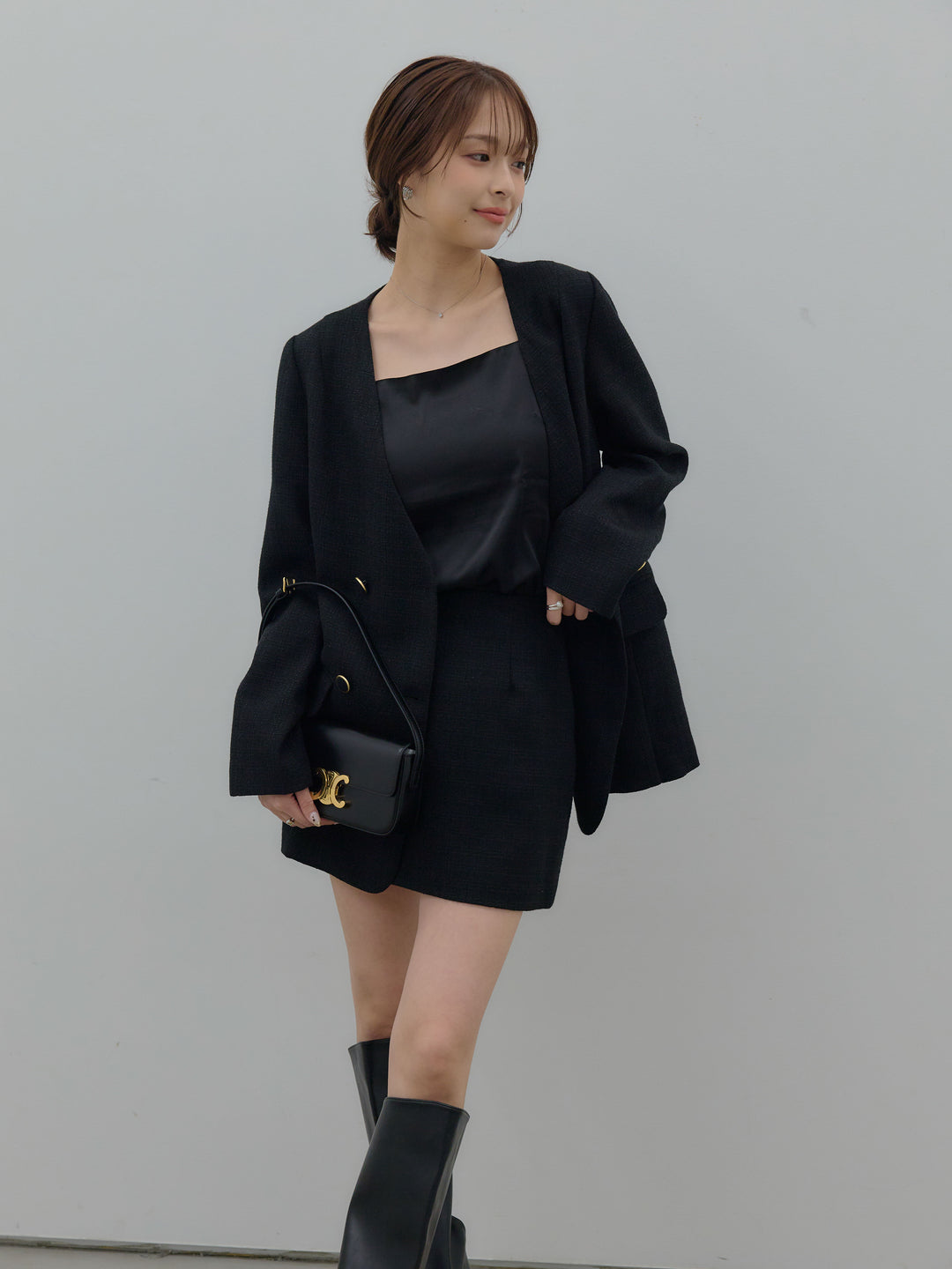 【SET】【Essential】ノーカラーツイードジャケット+【Essential】ツイードミニスカート(2set)