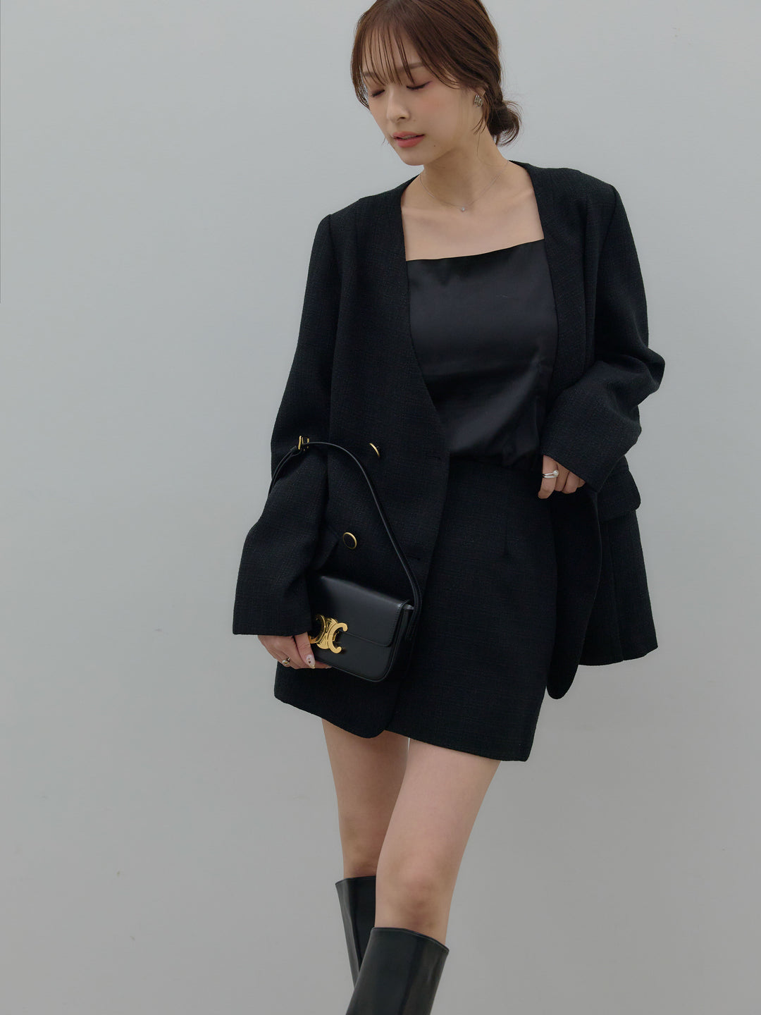 【SET】【Essential】ノーカラーツイードジャケット+【Essential】ツイードミニスカート(2set)