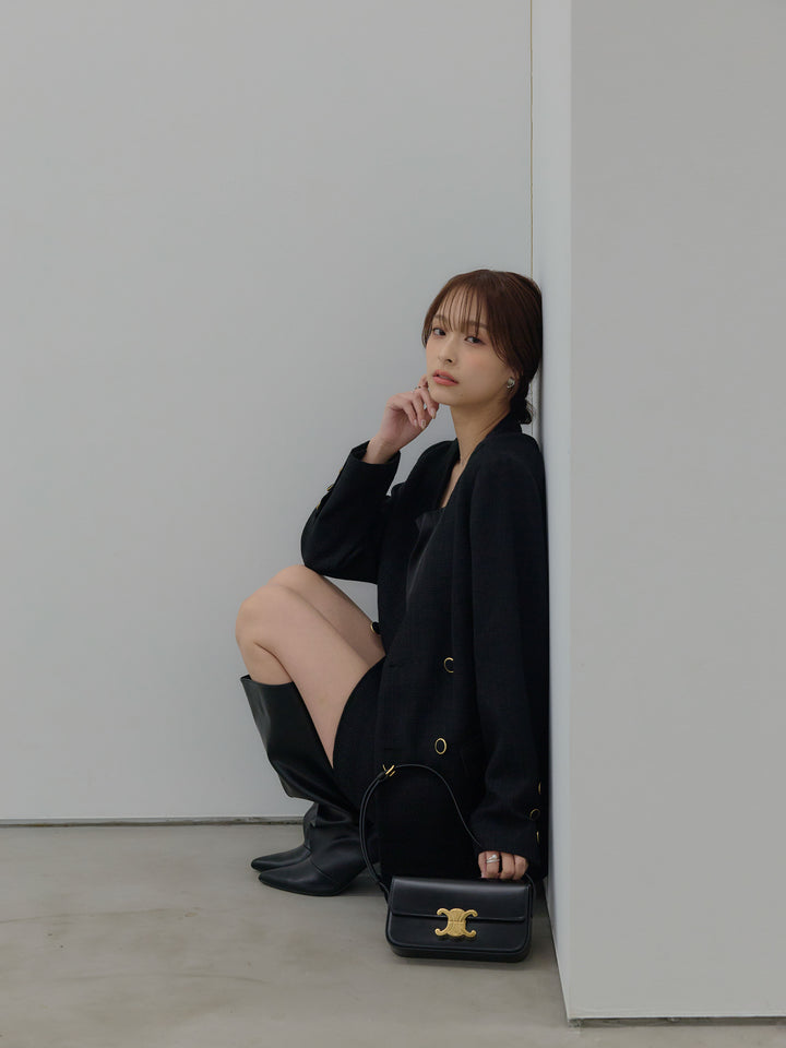 【SET】【Essential】ノーカラーツイードジャケット+【Essential】ツイードミニスカート(2set)