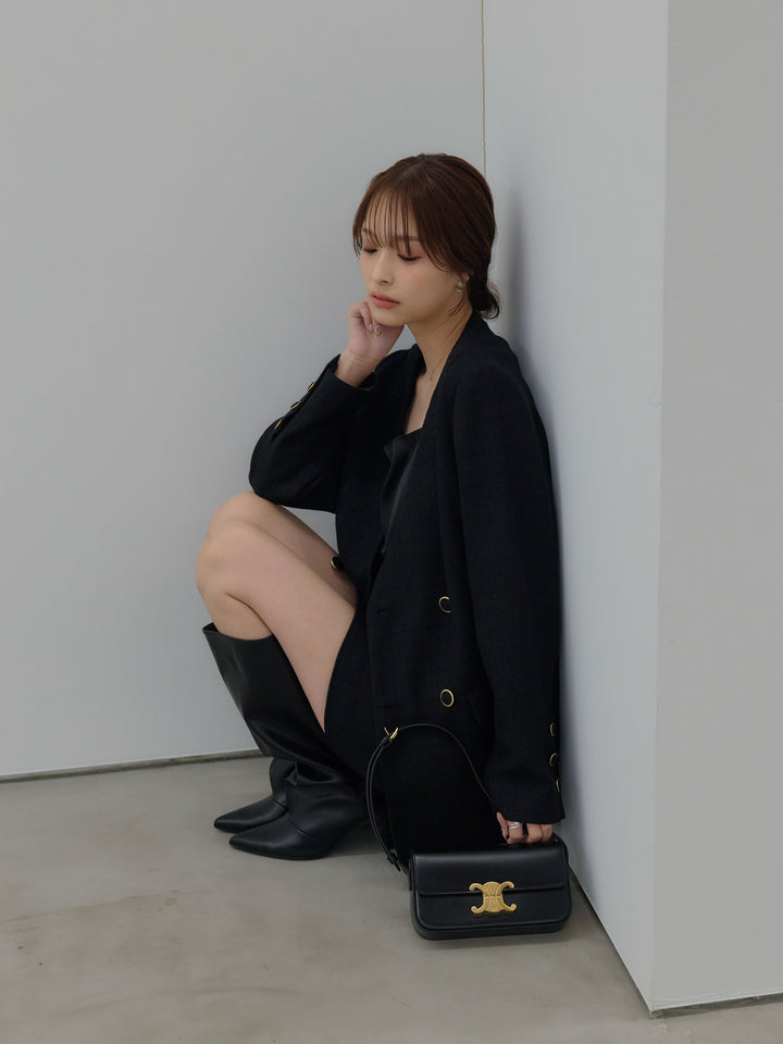 【SET】【Essential】ノーカラーツイードジャケット+【Essential】ツイードミニスカート(2set)