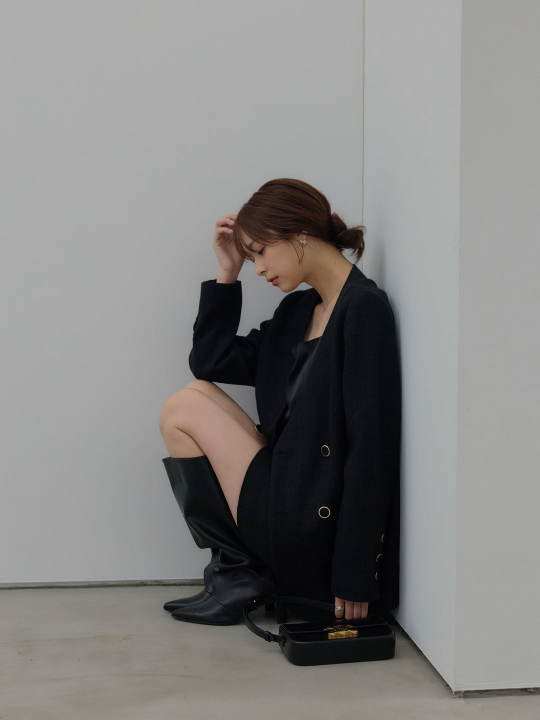 【SET】【Essential】ノーカラーツイードジャケット+【Essential】ツイードミニスカート(2set)