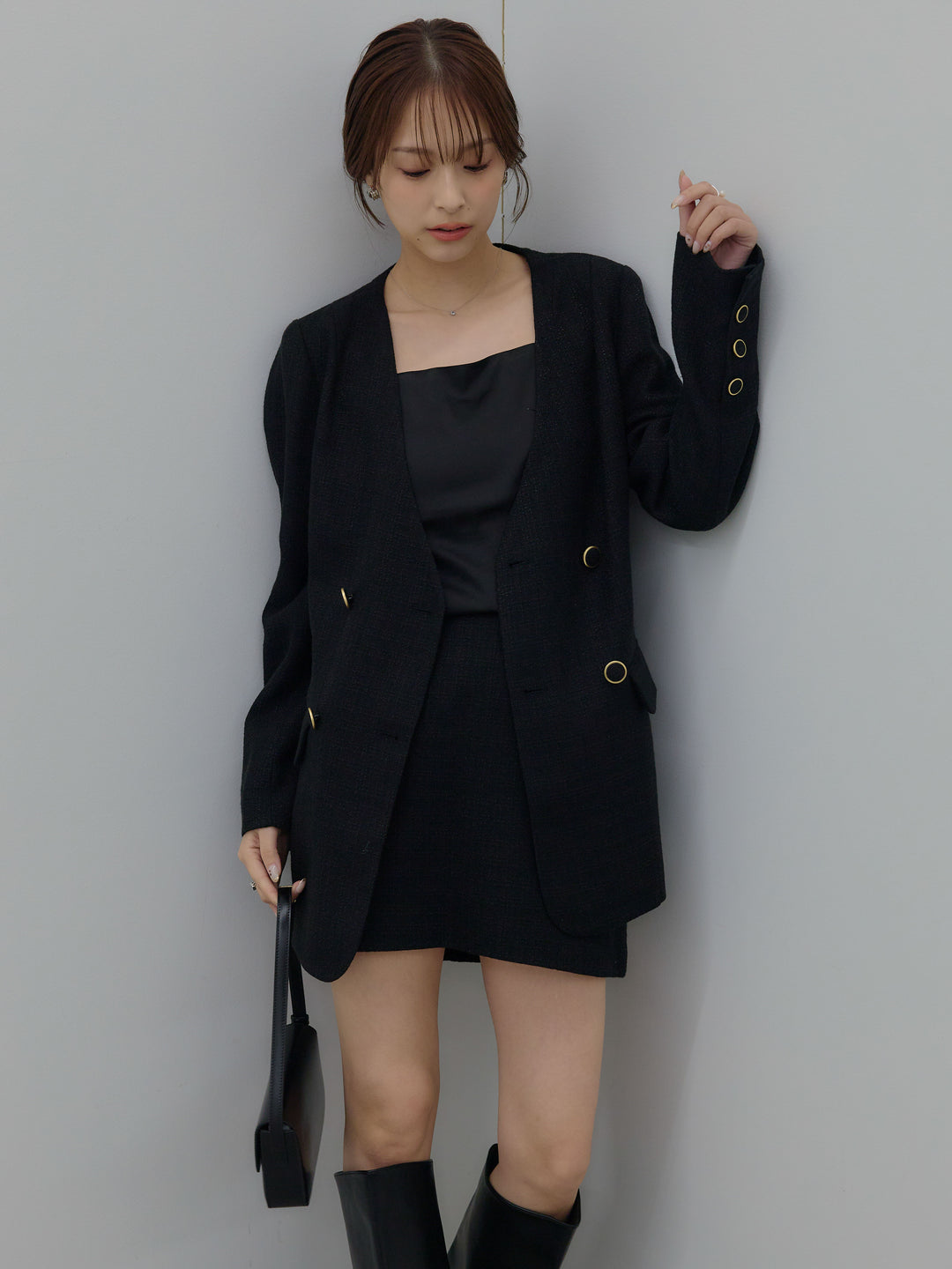 【SET】【Essential】ノーカラーツイードジャケット+【Essential】ツイードミニスカート(2set)