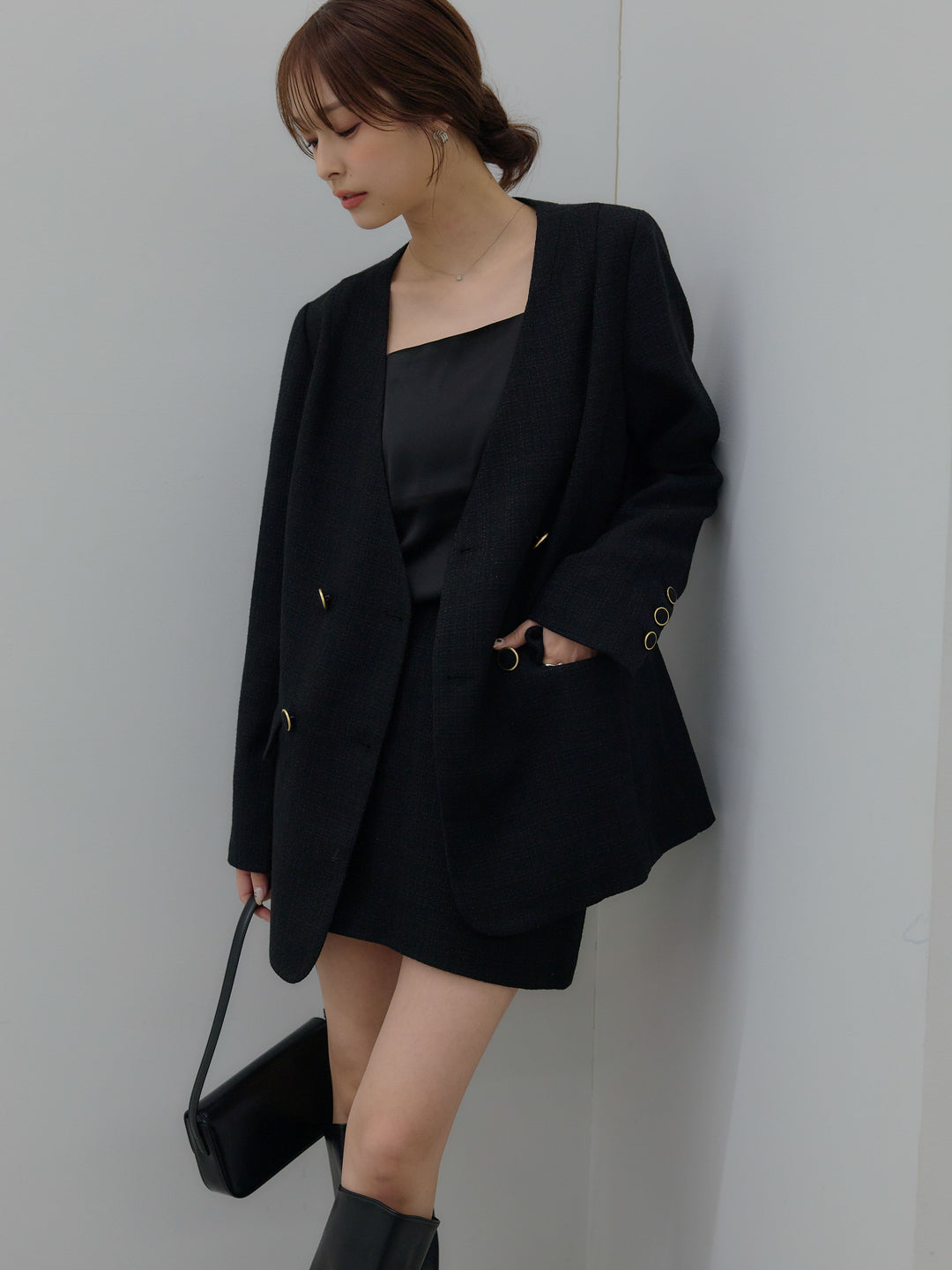 【Essential】ノーカラーツイードジャケット