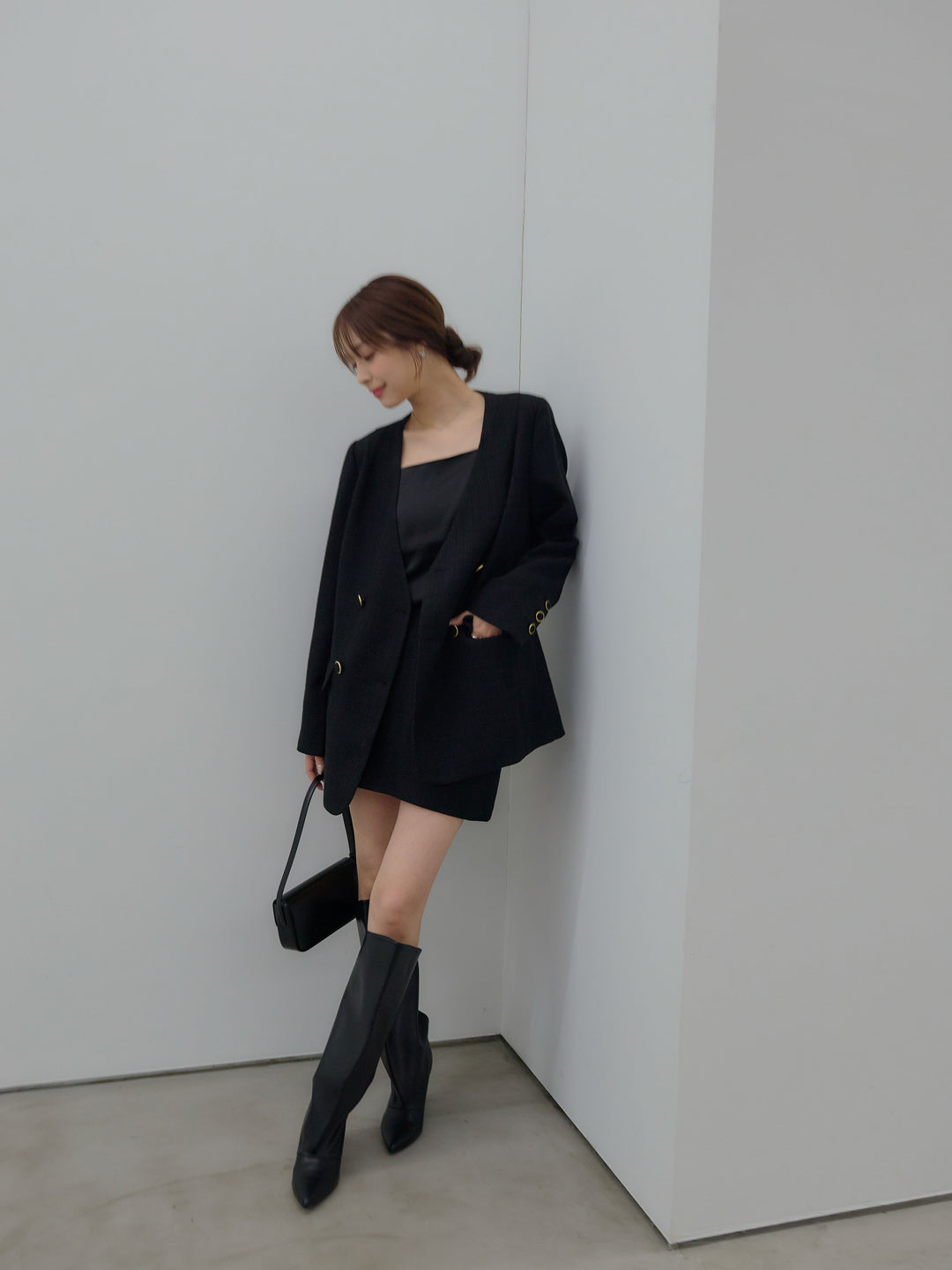 【SET】【Essential】ノーカラーツイードジャケット+【Essential】ツイードミニスカート(2set)