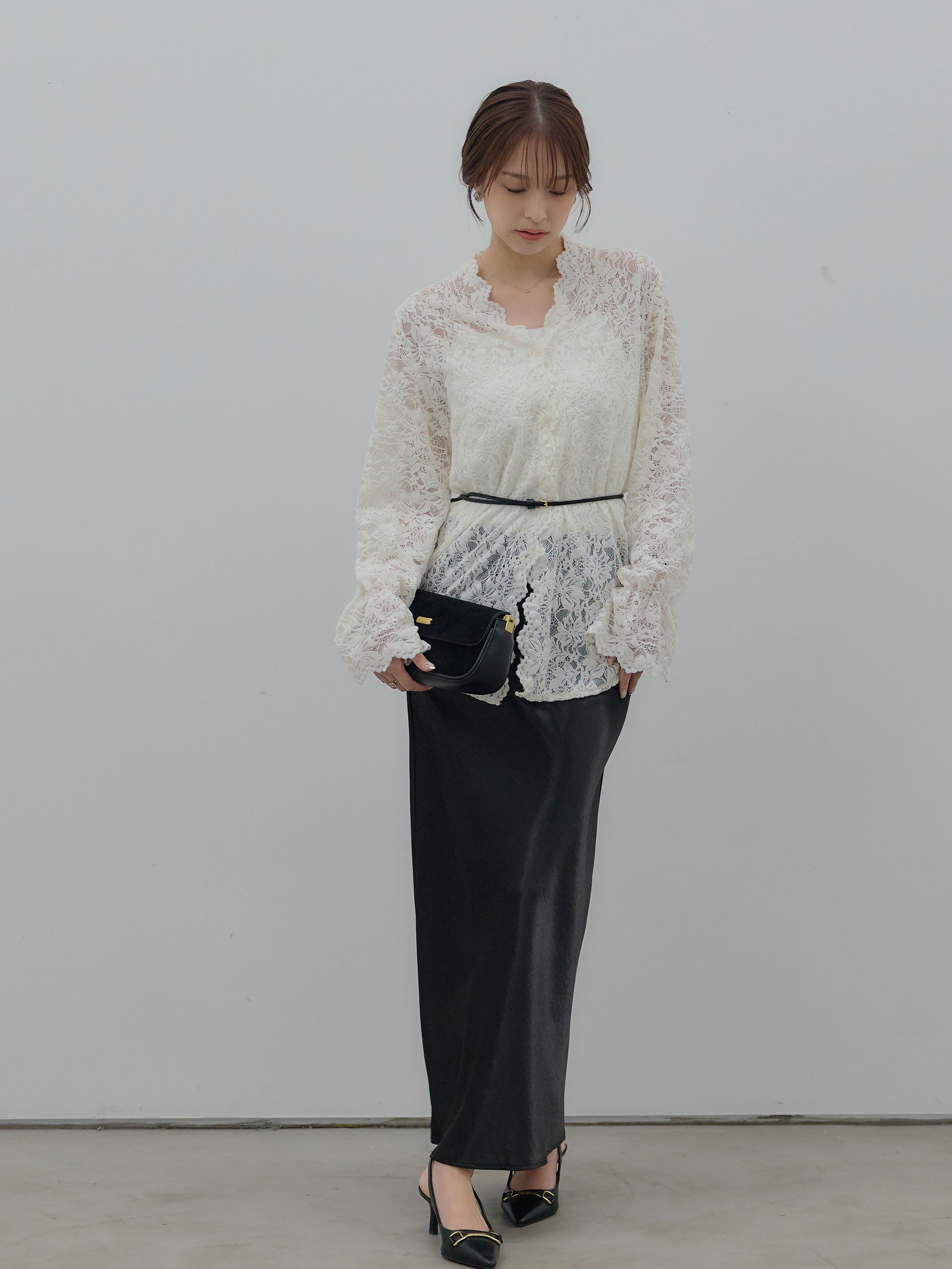 SET】Vネック総レースブラウス+リュクスAラインサテンスカート(2set