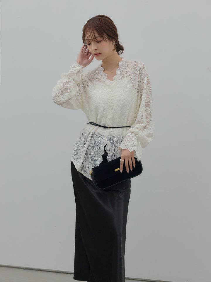 【SET】Vネック総レースブラウス+リュクスAラインサテンスカート(2set)