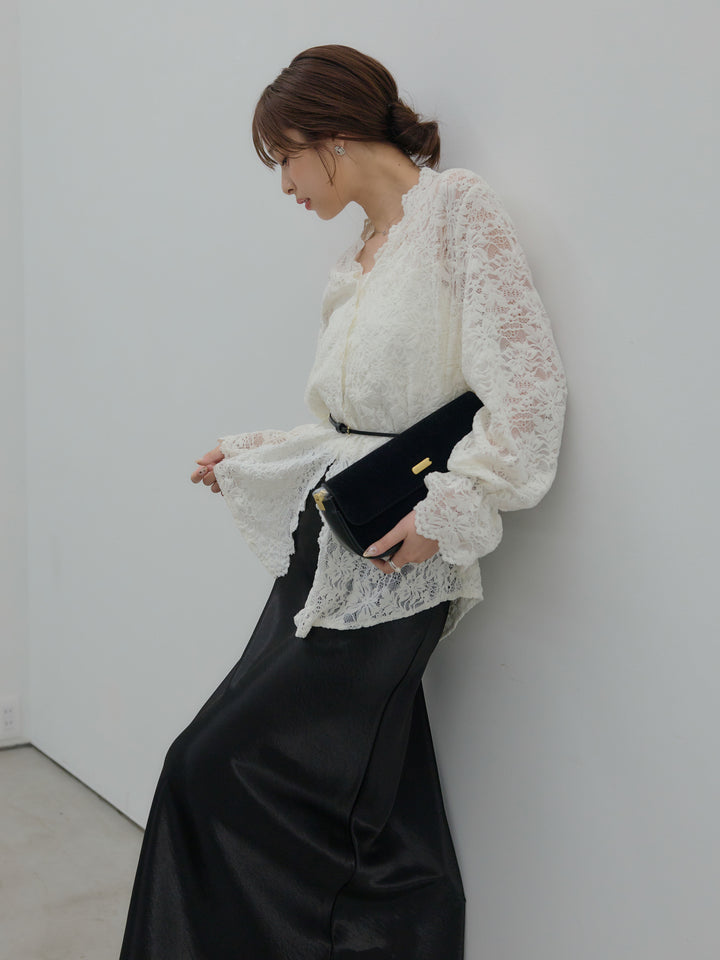 【SET】Vネック総レースブラウス+リュクスAラインサテンスカート(2set)
