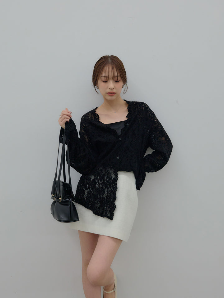 【SET】Vネック総レースブラウス+【Essential】ツイードミニスカート(2set)