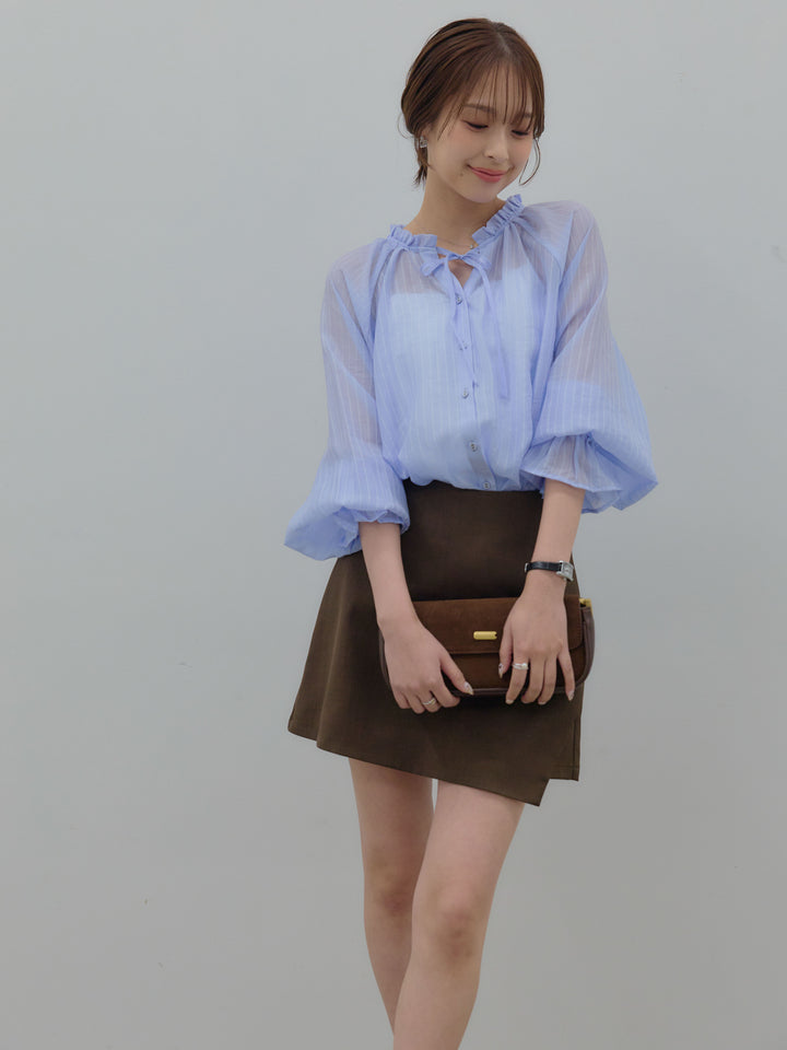 【SET】シアーピンストライプギャザーブラウス+ツイルミニスコート(2set)