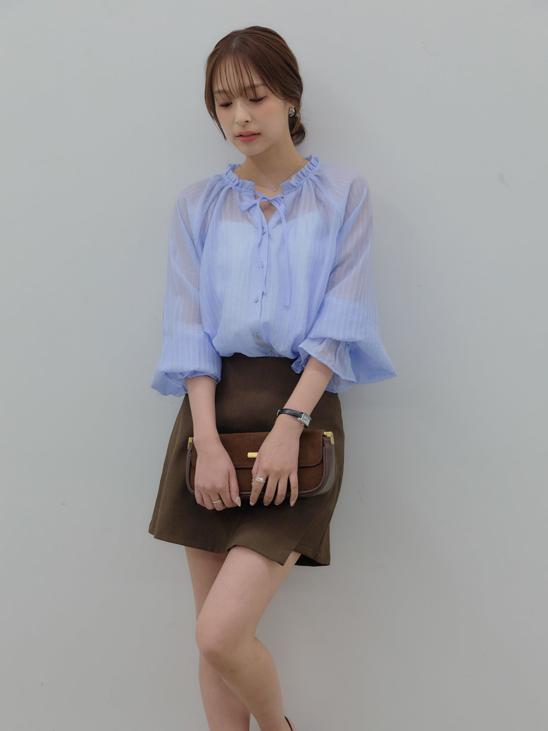 【SET】シアーピンストライプギャザーブラウス+ツイルミニスコート(2set)