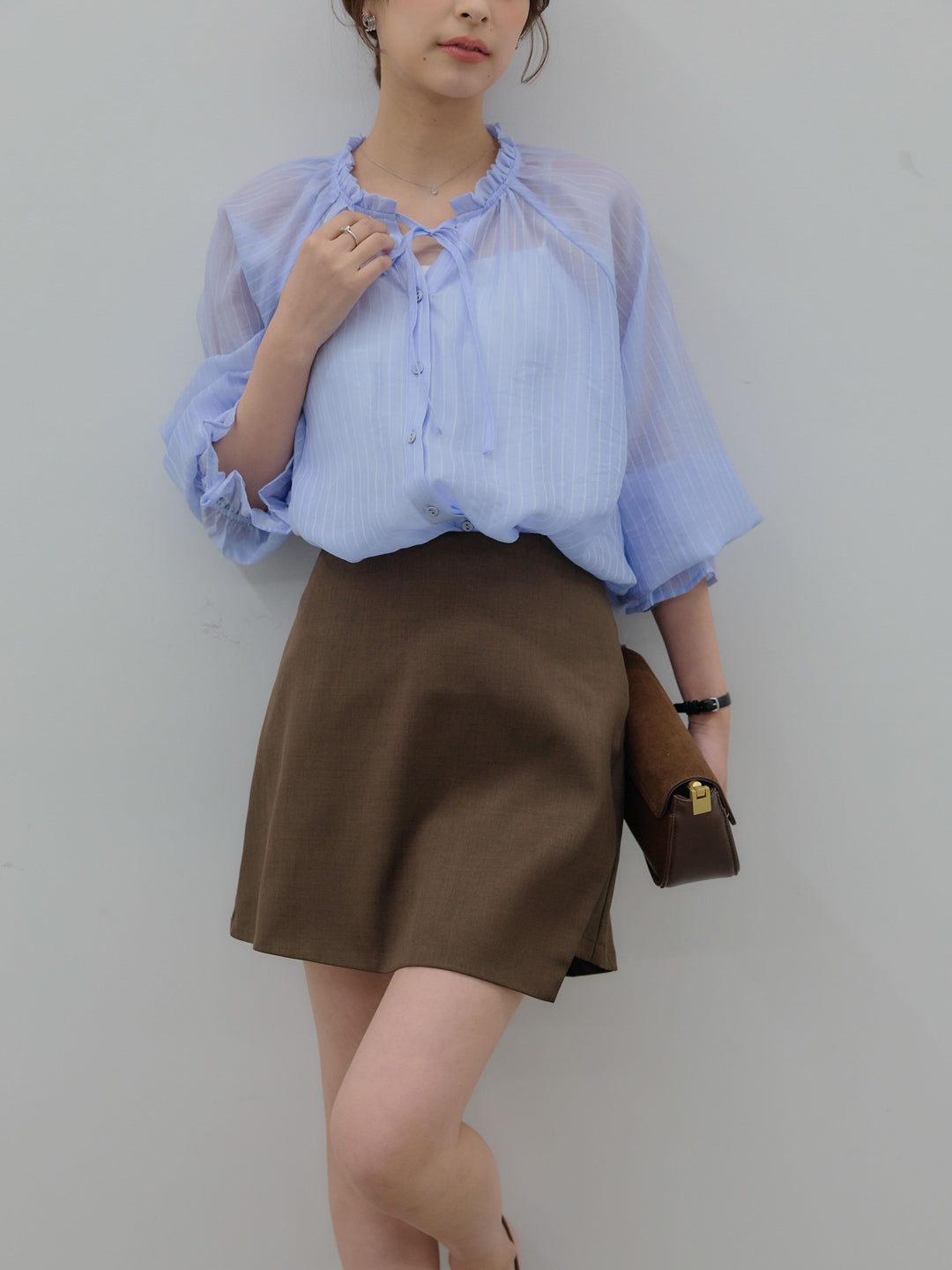 【SET】シアーピンストライプギャザーブラウス+ツイルミニスコート(2set)