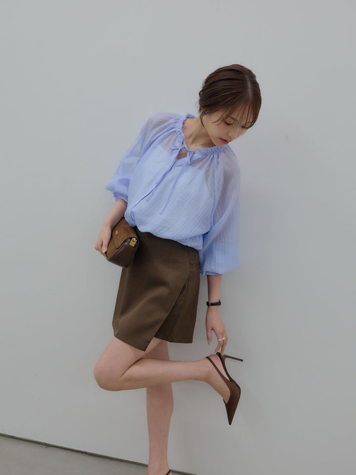 【SET】シアーピンストライプギャザーブラウス+ツイルミニスコート(2set)