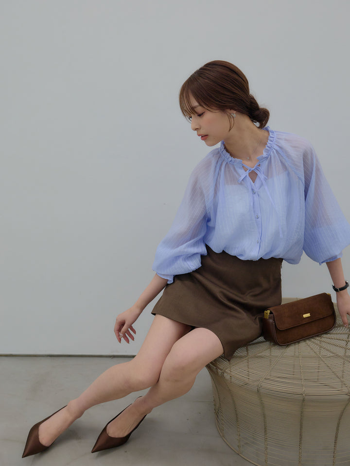 【SET】シアーピンストライプギャザーブラウス+ツイルミニスコート(2set)