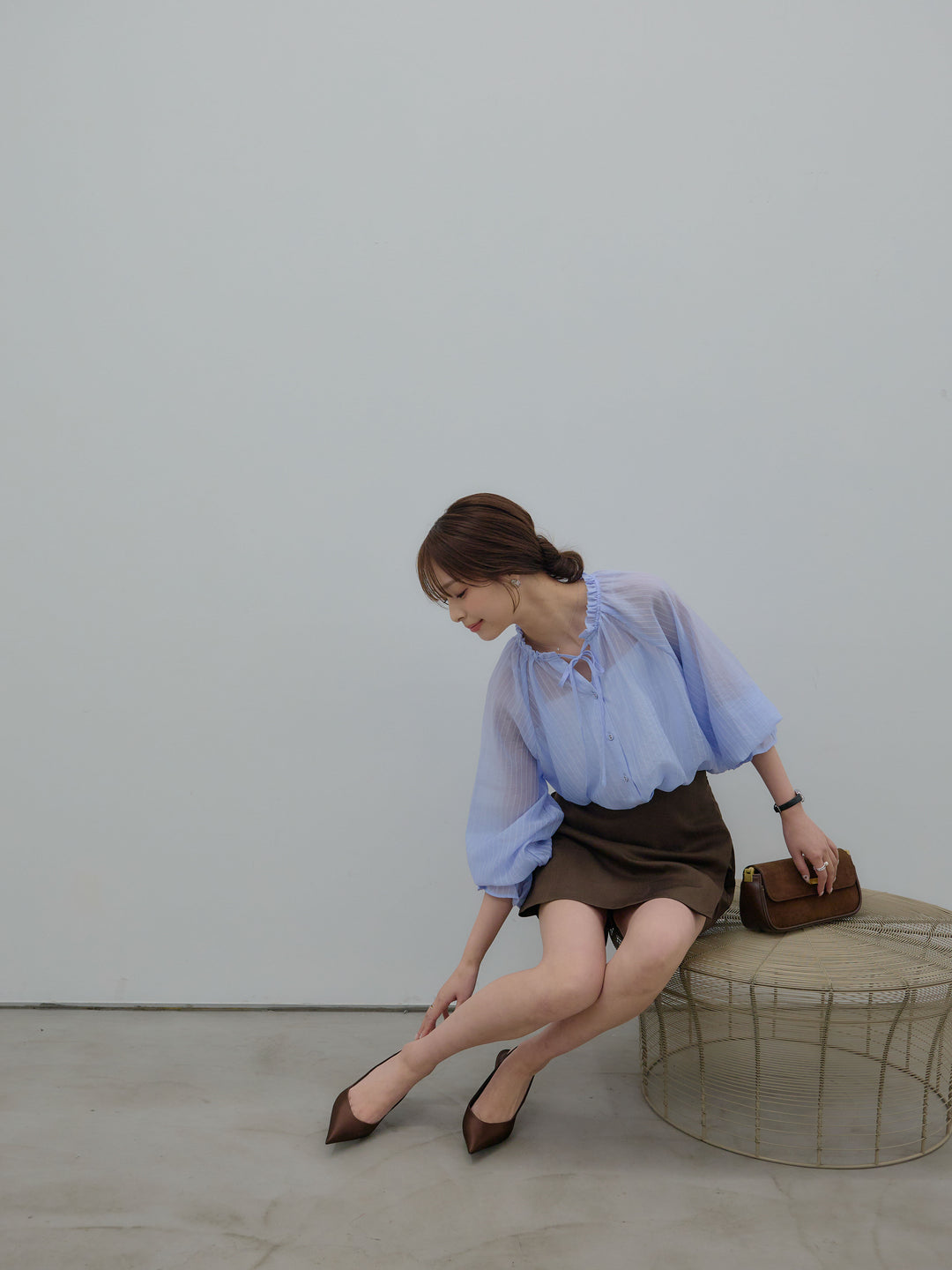 【SET】シアーピンストライプギャザーブラウス+ツイルミニスコート(2set)