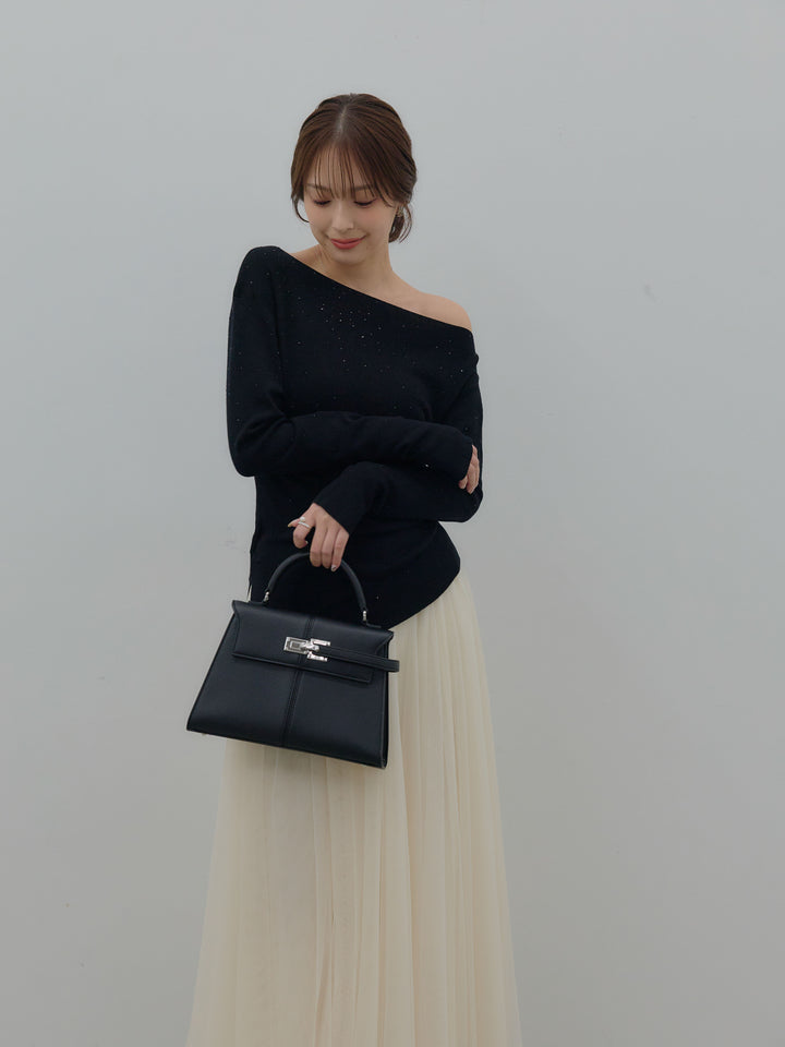 【SET】グリッターサイドスリットワンショルダーニットトップス+ボリュームチュールスカート(2set)