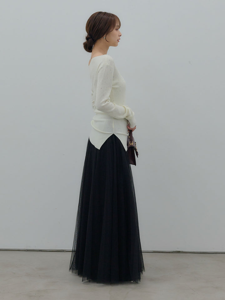 【SET】グリッターサイドスリットワンショルダーニットトップス+ボリュームチュールスカート(2set)