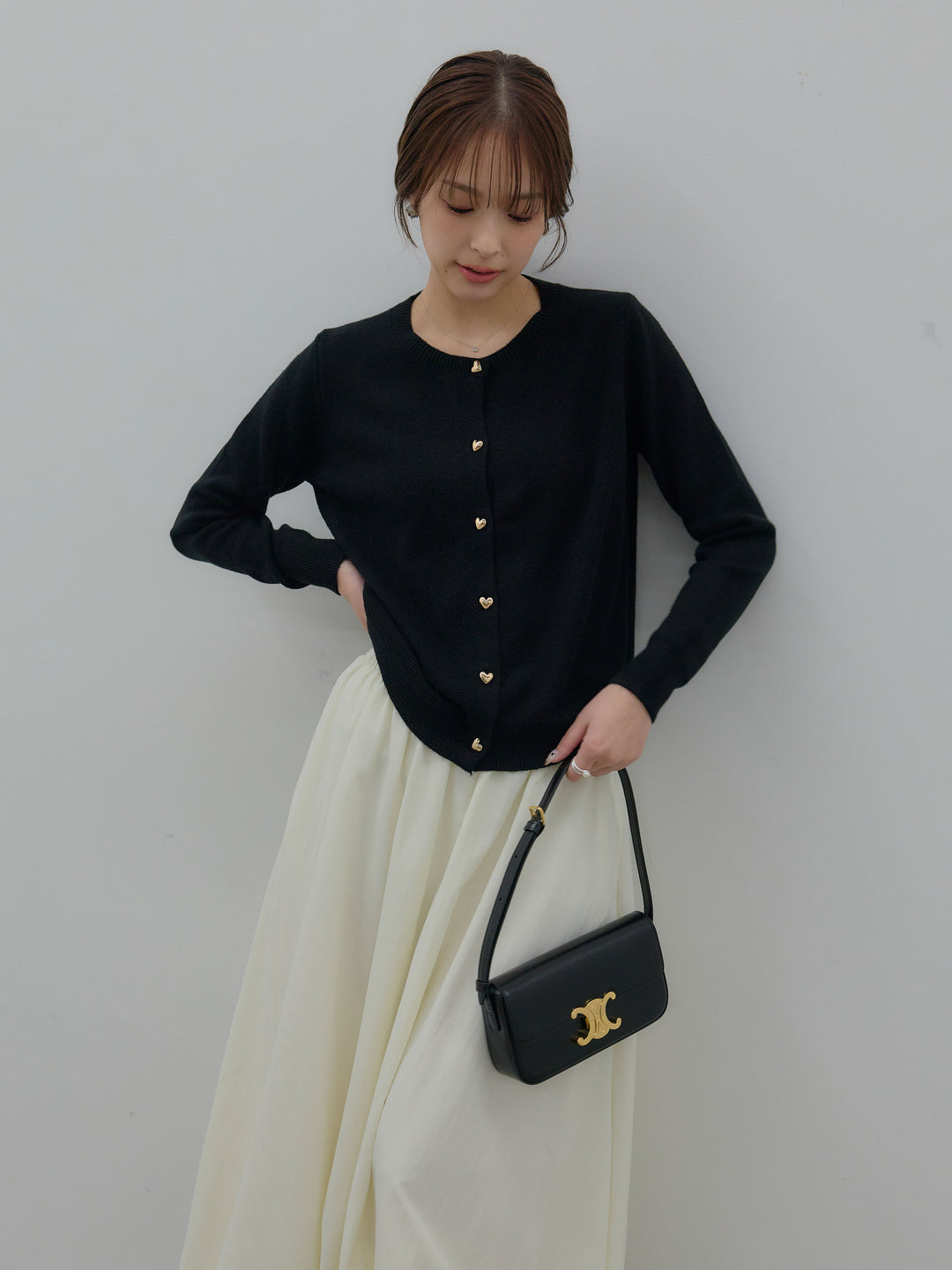 【SET】ハートボタンニットカーディガン+ソフトバルーンロングスカート(2set)