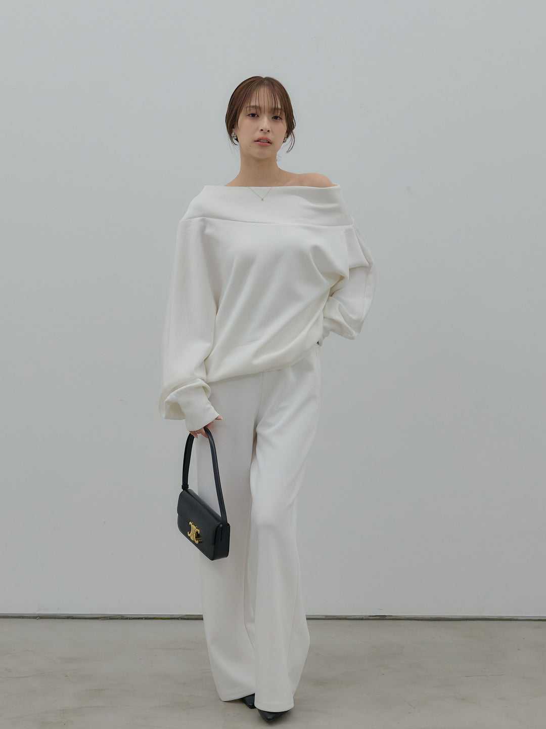 【SET】ワンショルダールーズスムーストップス+ハイウエストスムースパンツ(2set)