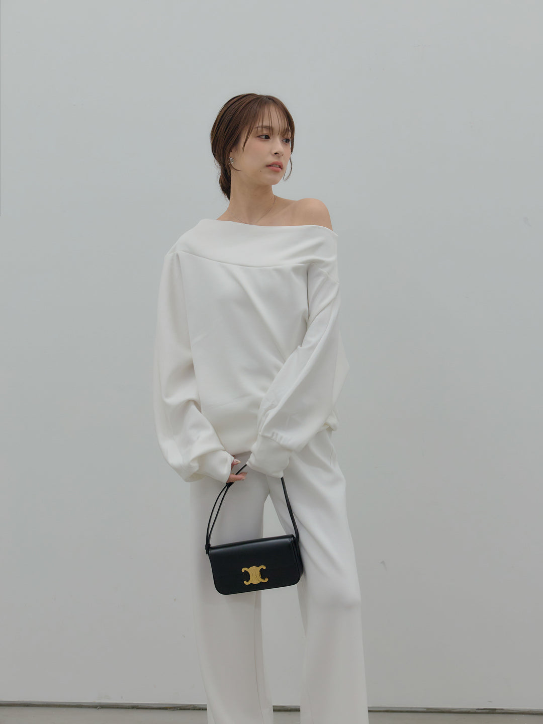 【SET】ワンショルダールーズスムーストップス+ハイウエストスムースパンツ(2set)