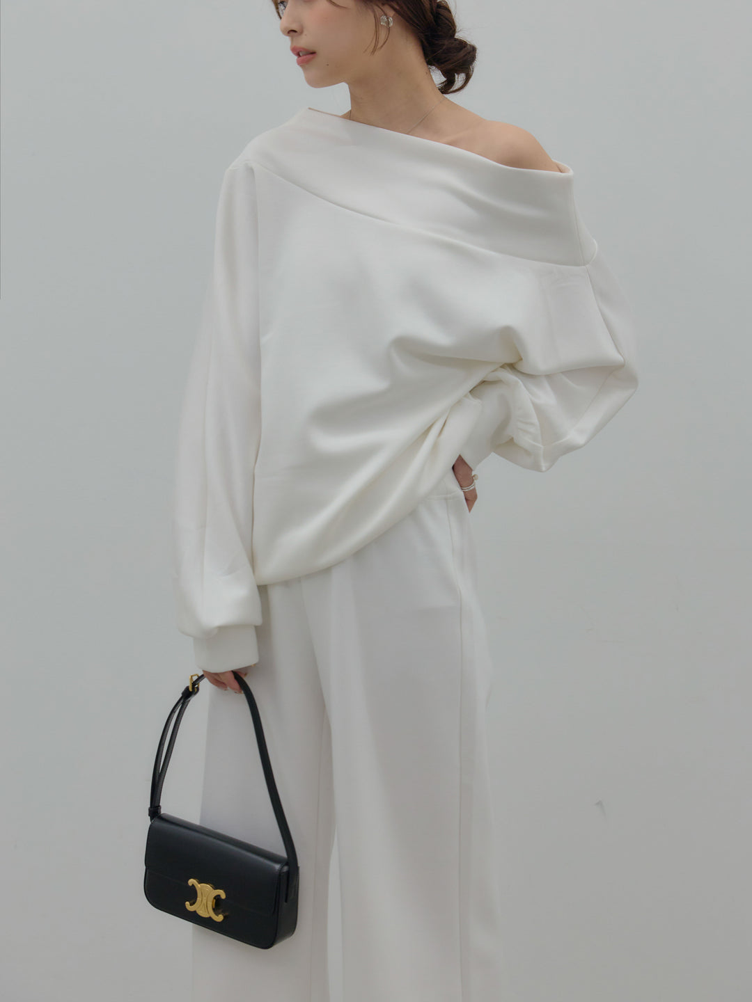 【SET】ワンショルダールーズスムーストップス+ハイウエストスムースパンツ(2set)